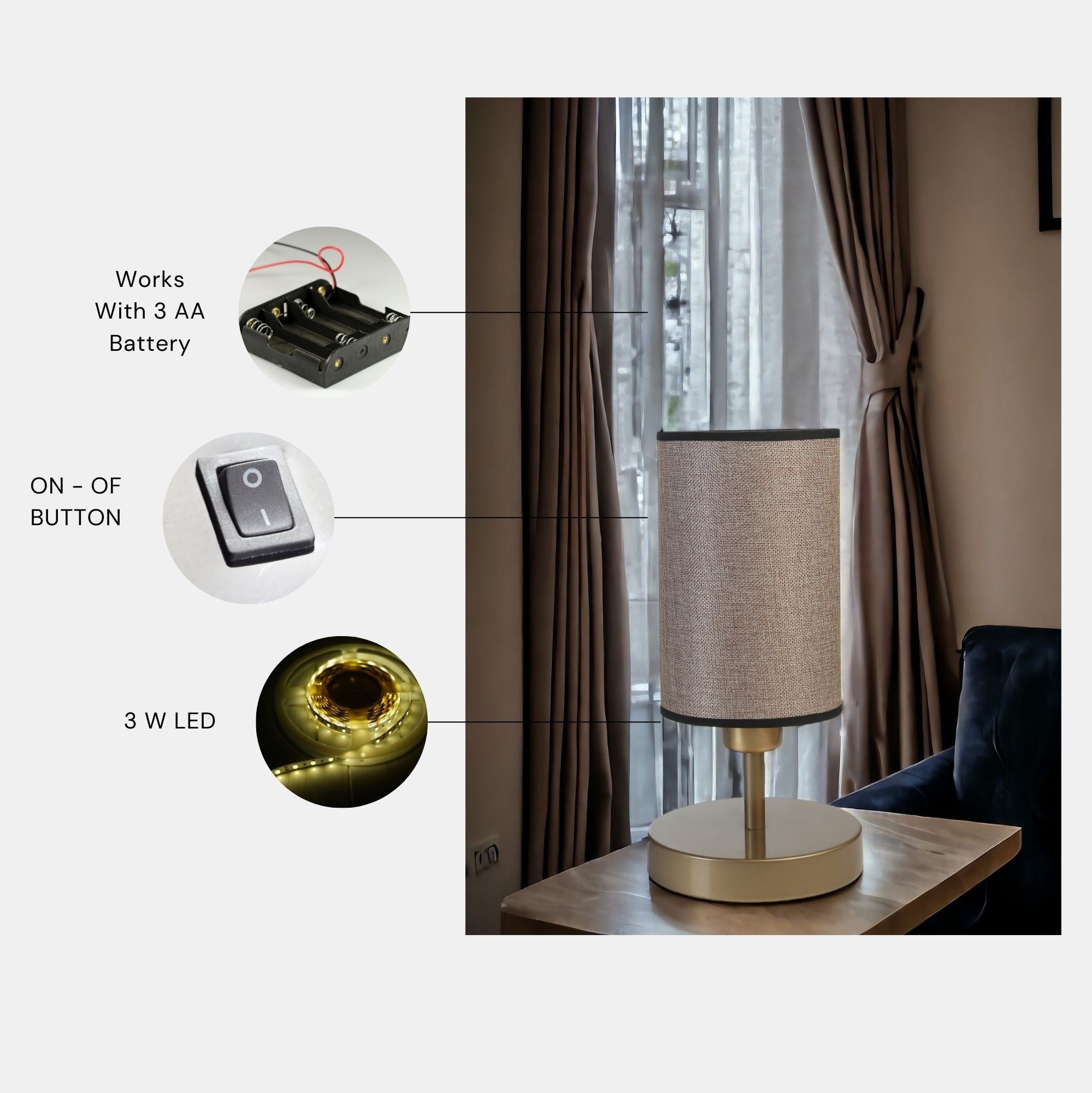 Candeeiro de Mesa – 34 cm – Dourado e Bege – Metal e Tecido
