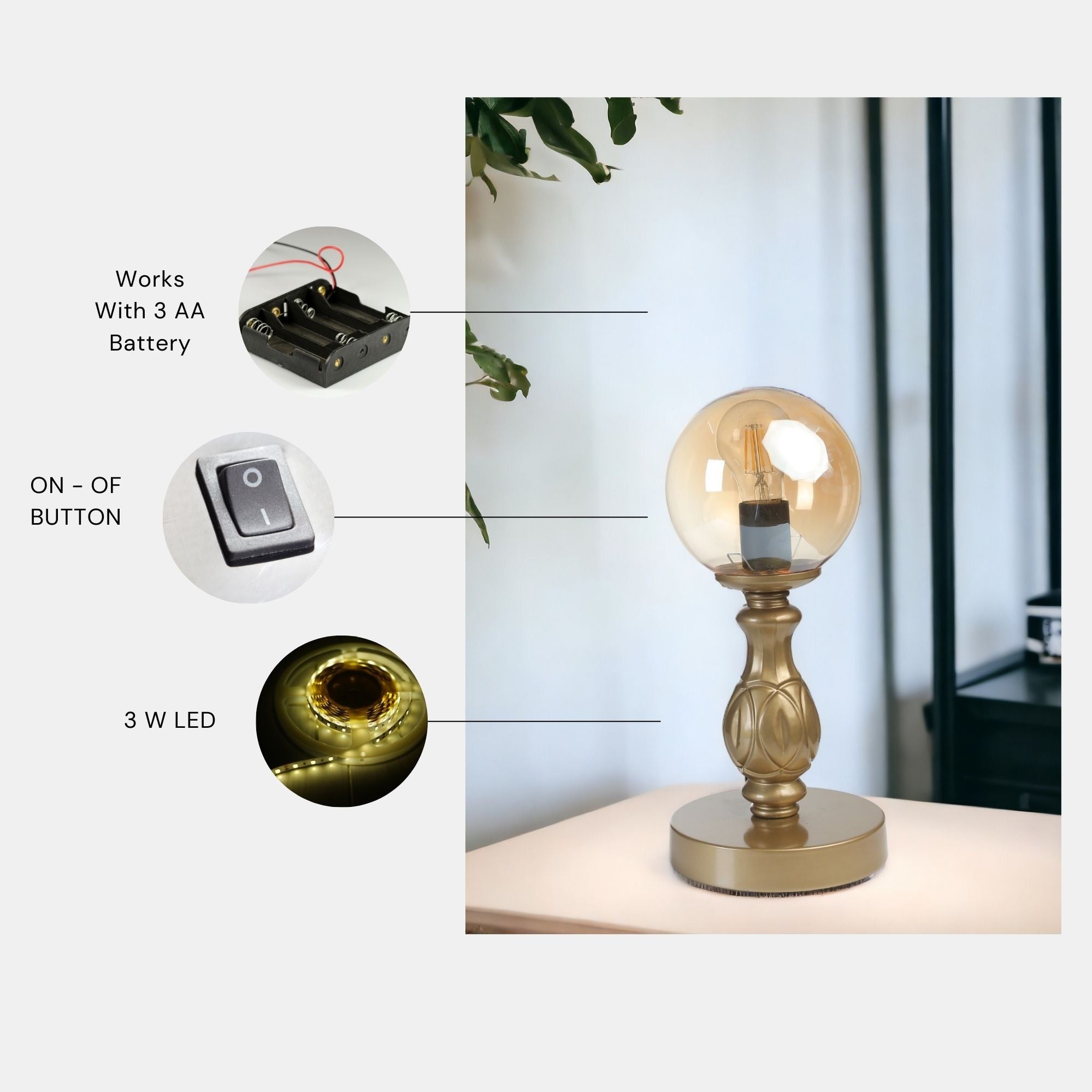 Candeeiro de Mesa – 35 cm – Dourado – Metal e Vidro