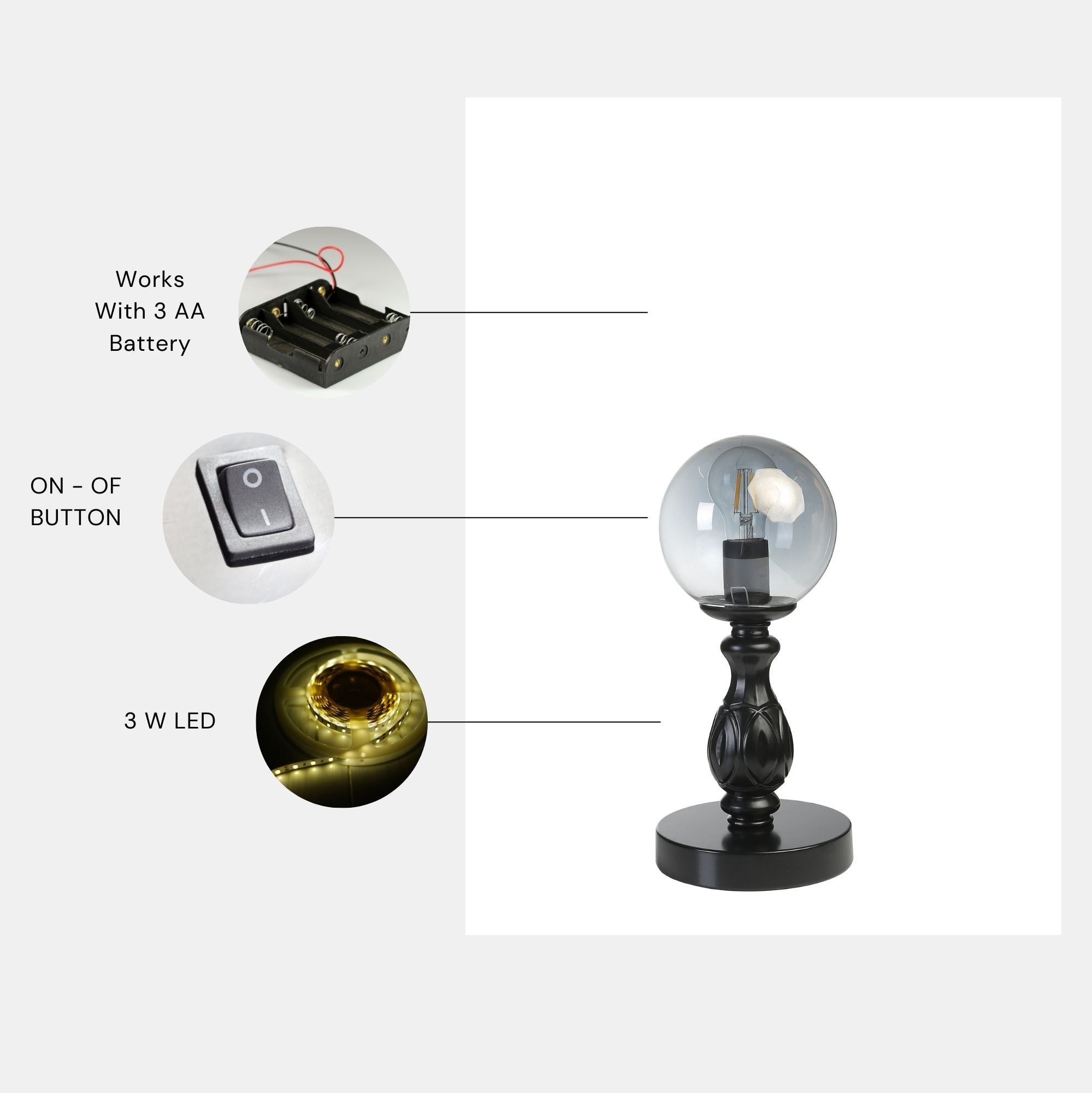 Candeeiro de mesa – 15 cm de diâmetro – Preto – Metal e vidro