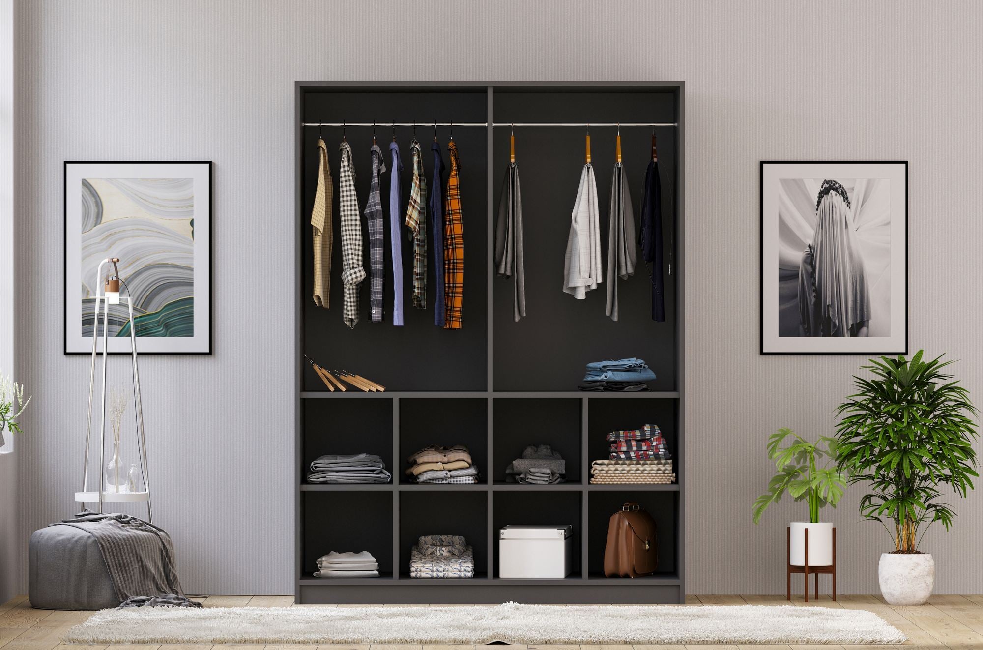 Guarda-roupa – 120cm x 180cm x 45cm – Branco Fosco e Antracite – Aglomerado Melamínico