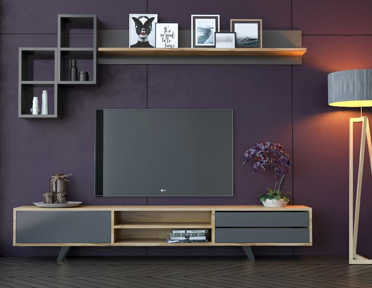 Móvel de TV – 180cm x 45cm x 40cm – Antracite e Carvalho – Aglomerado de qualidade E1