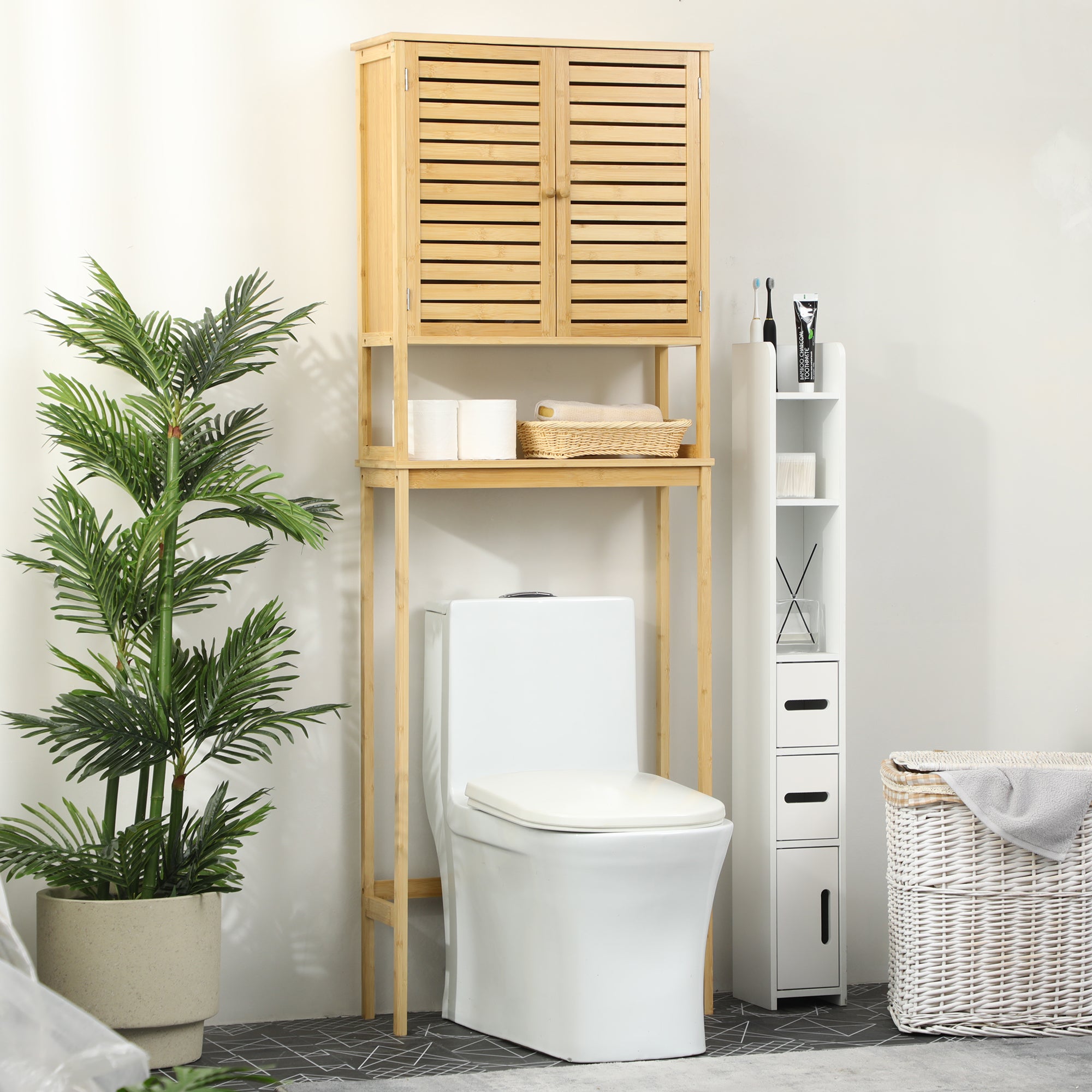 Armário sobre Sanita – 60x23x173 cm – Cor de Madeira Natural – Bambu