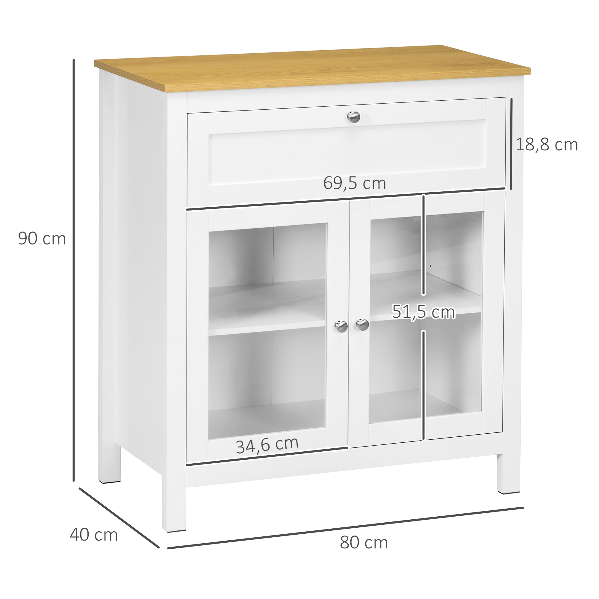 Aparador de Cozinha Moderno – 80x40x90 cm – Branco e Madeira – MDF, Melamina e Vidro