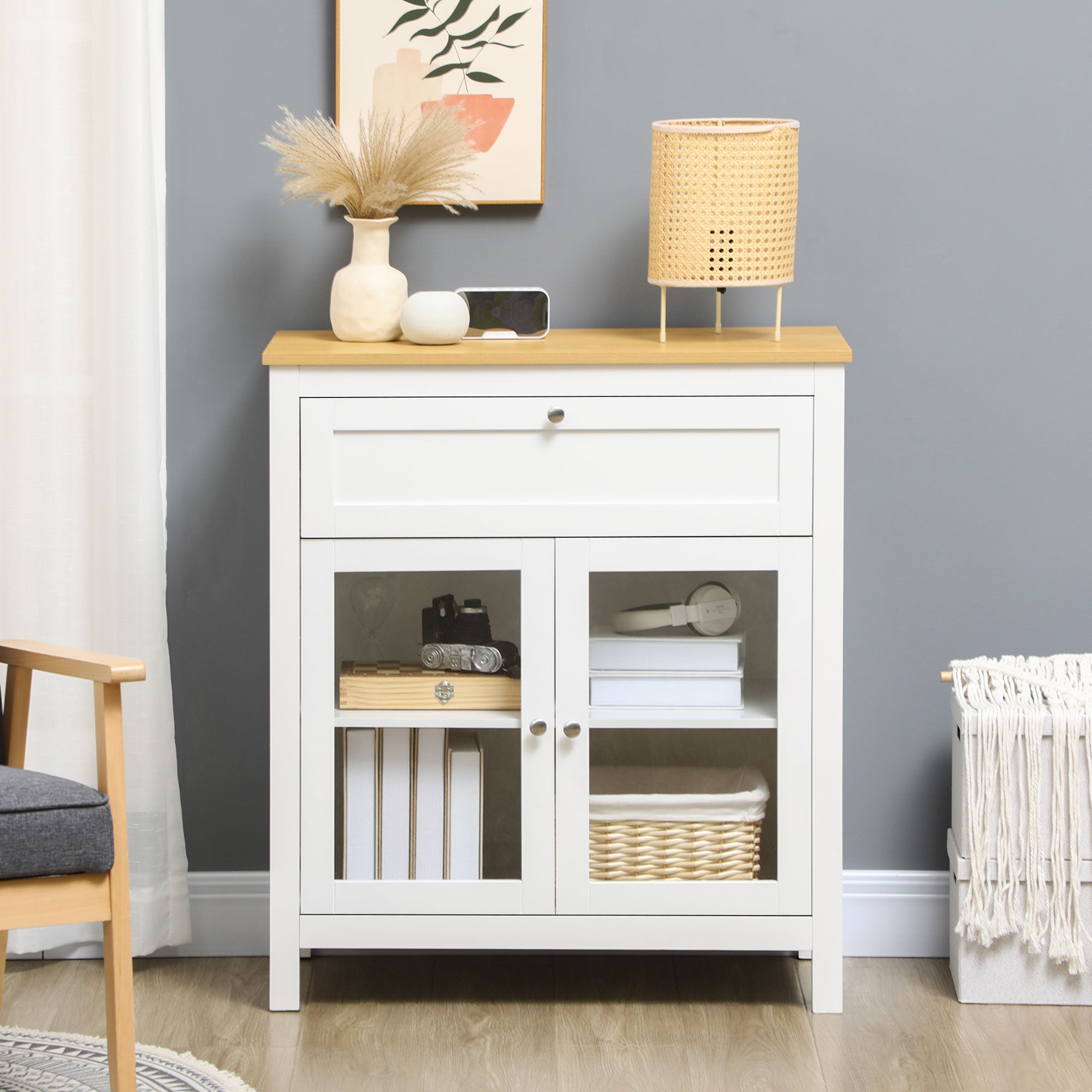 Aparador de Cozinha Moderno – 80x40x90 cm – Branco e Madeira – MDF, Melamina e Vidro