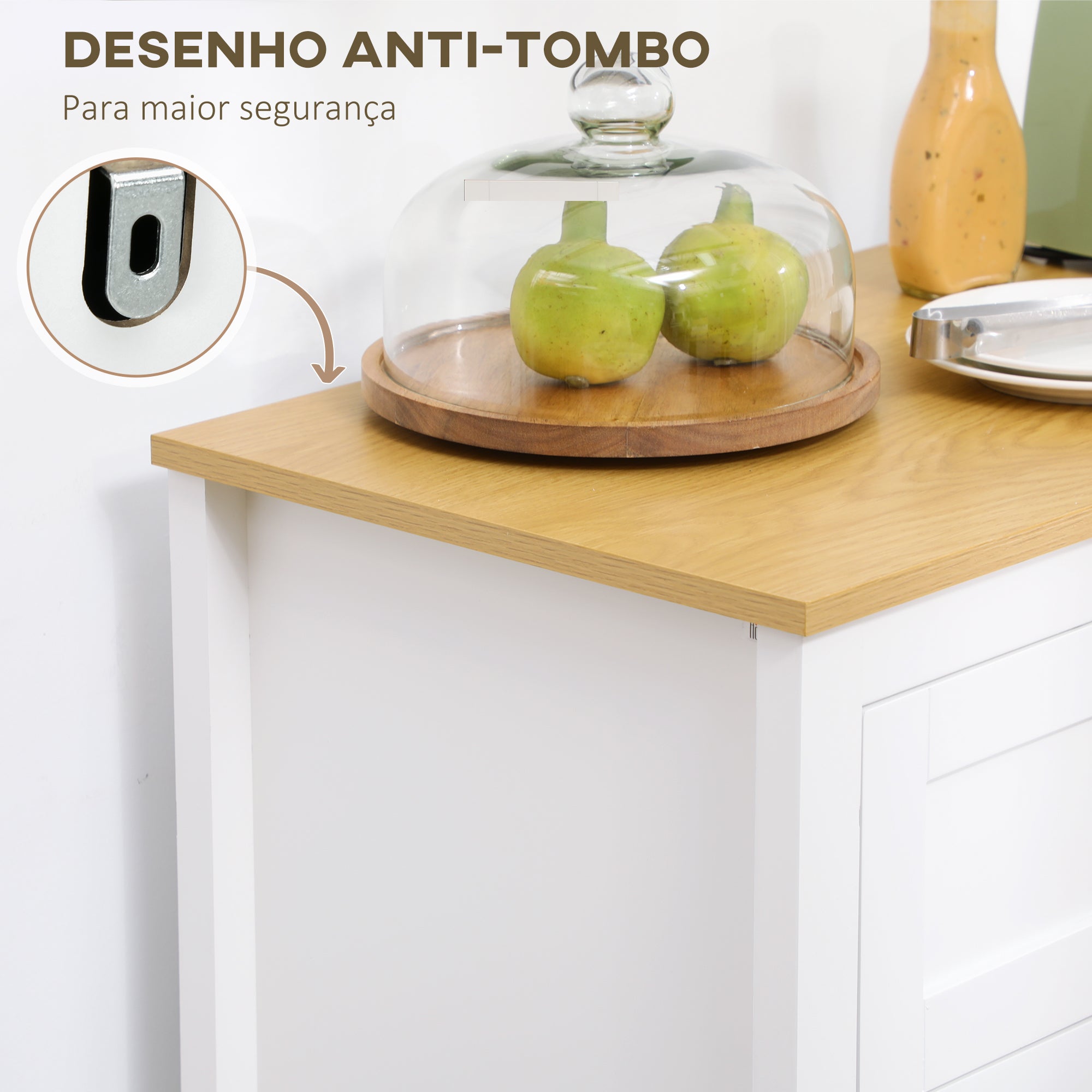 Aparador de Cozinha Moderno – 80x40x90 cm – Branco e Madeira – MDF, Melamina e Vidro