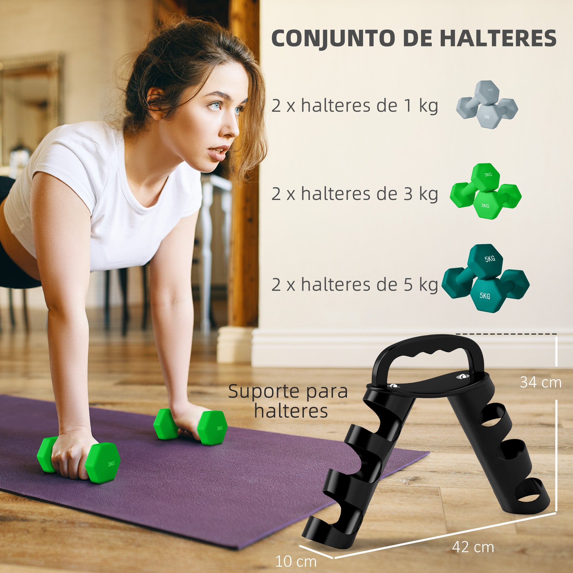 Conjunto de Halteres Hexagonais – 1 kg, 3 kg, 5 kg – Multicor – Plástico e Metal