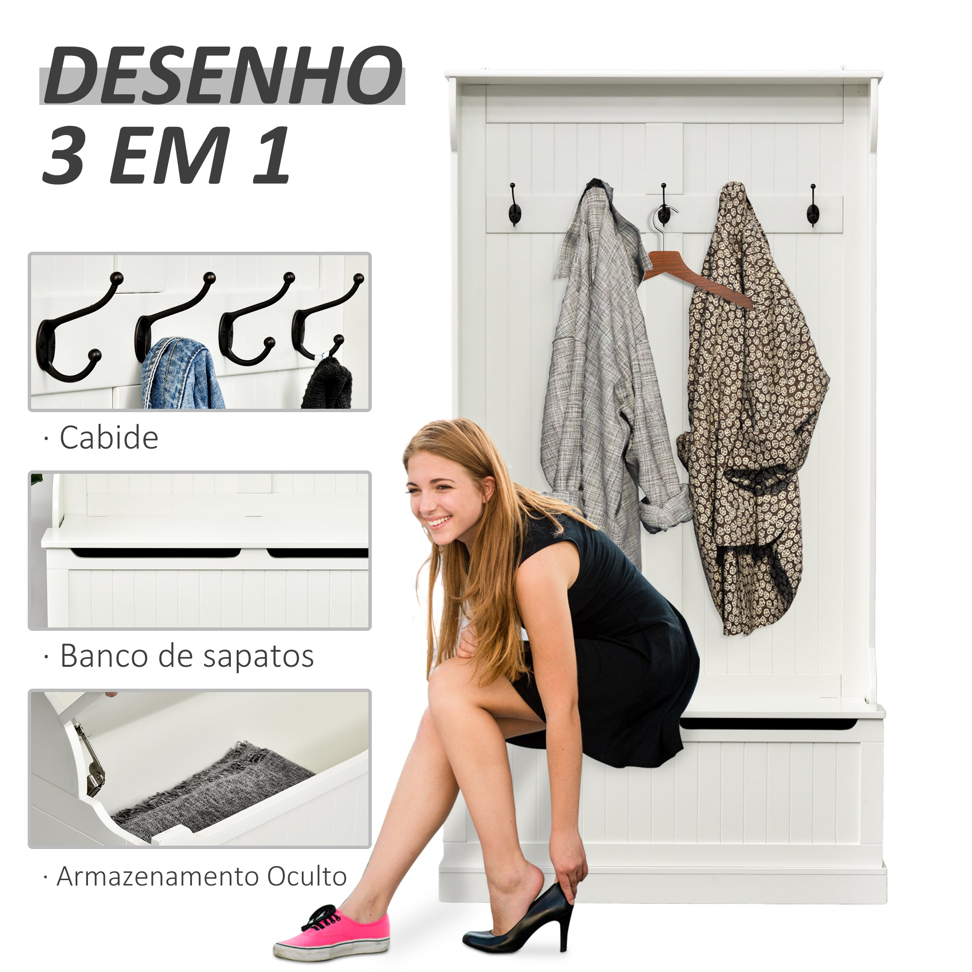 Móvel Cabide de Entrada com Banco – 96x34x179,7 cm – Branco – MDF