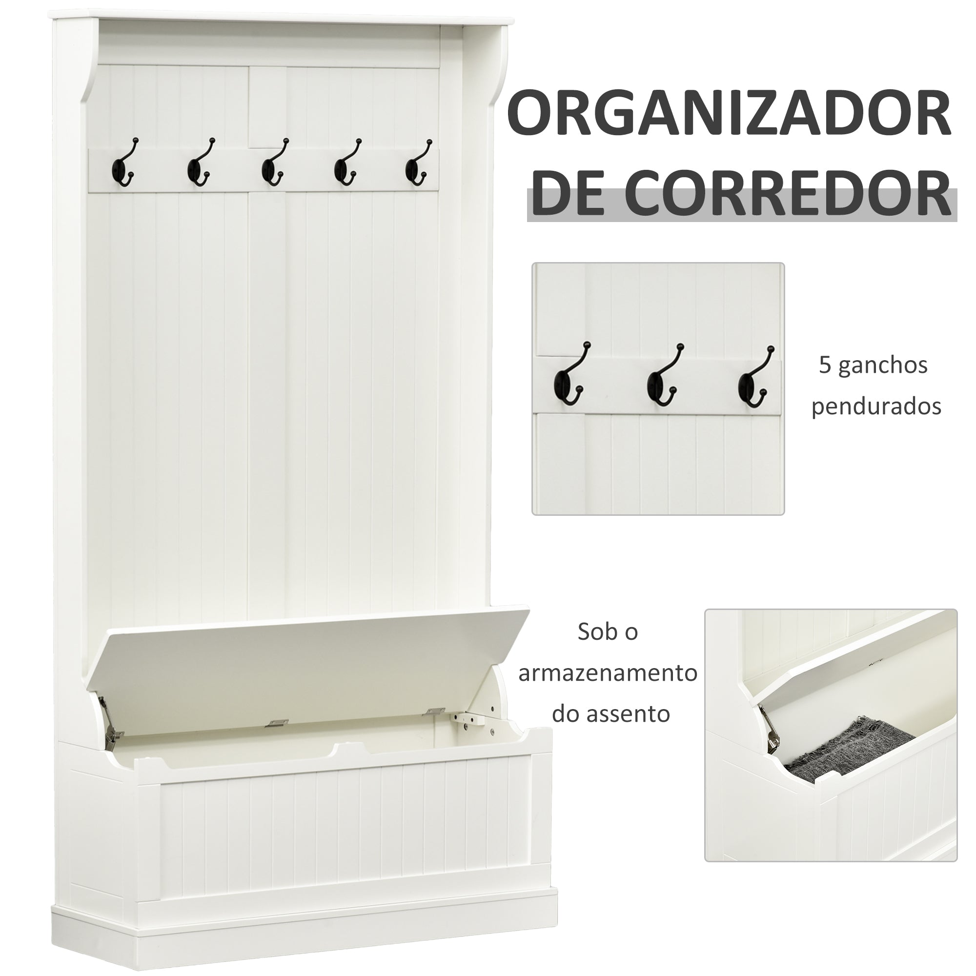 Móvel Cabide de Entrada com Banco – 96x34x179,7 cm – Branco – MDF