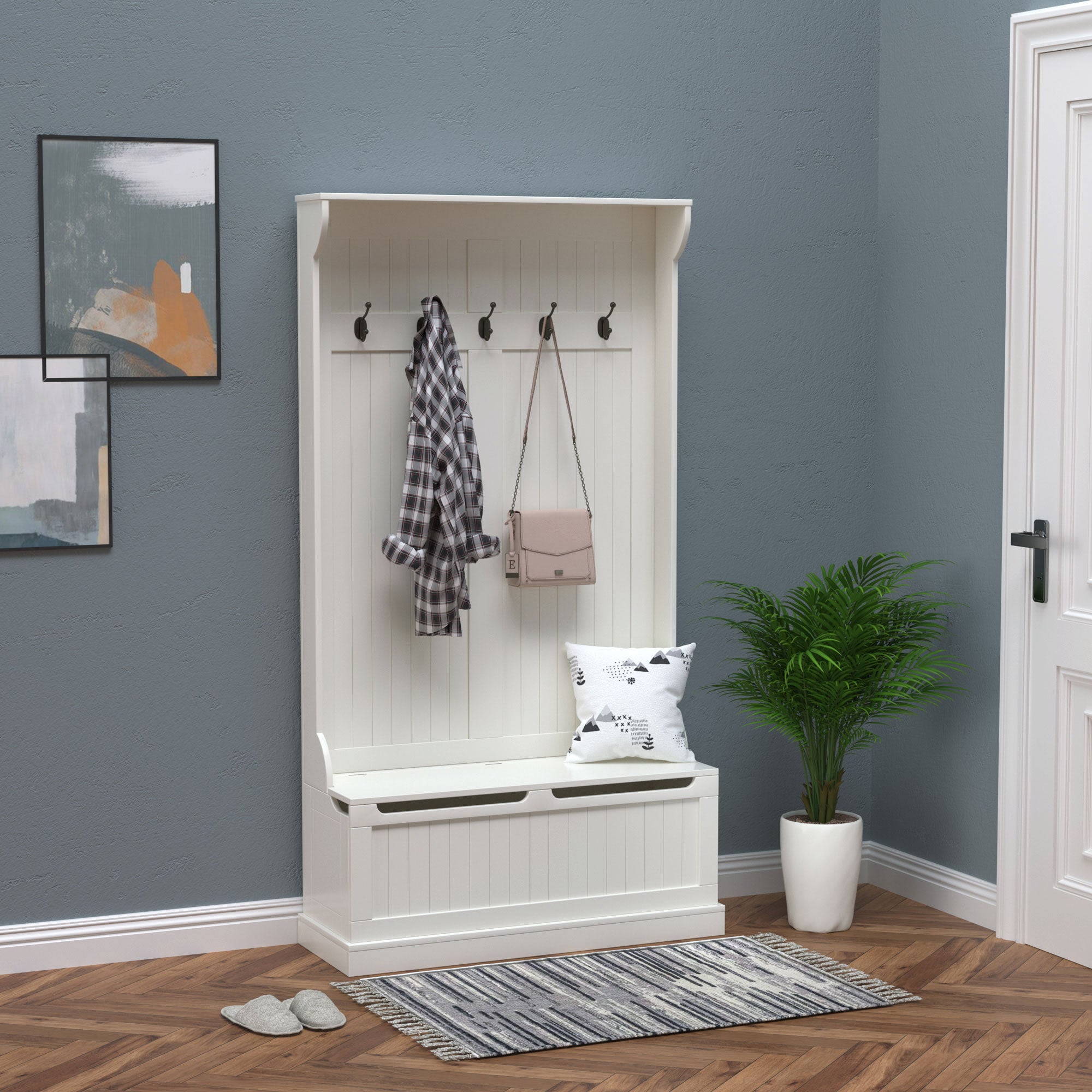 Móvel Cabide de Entrada com Banco – 96x34x179,7 cm – Branco – MDF