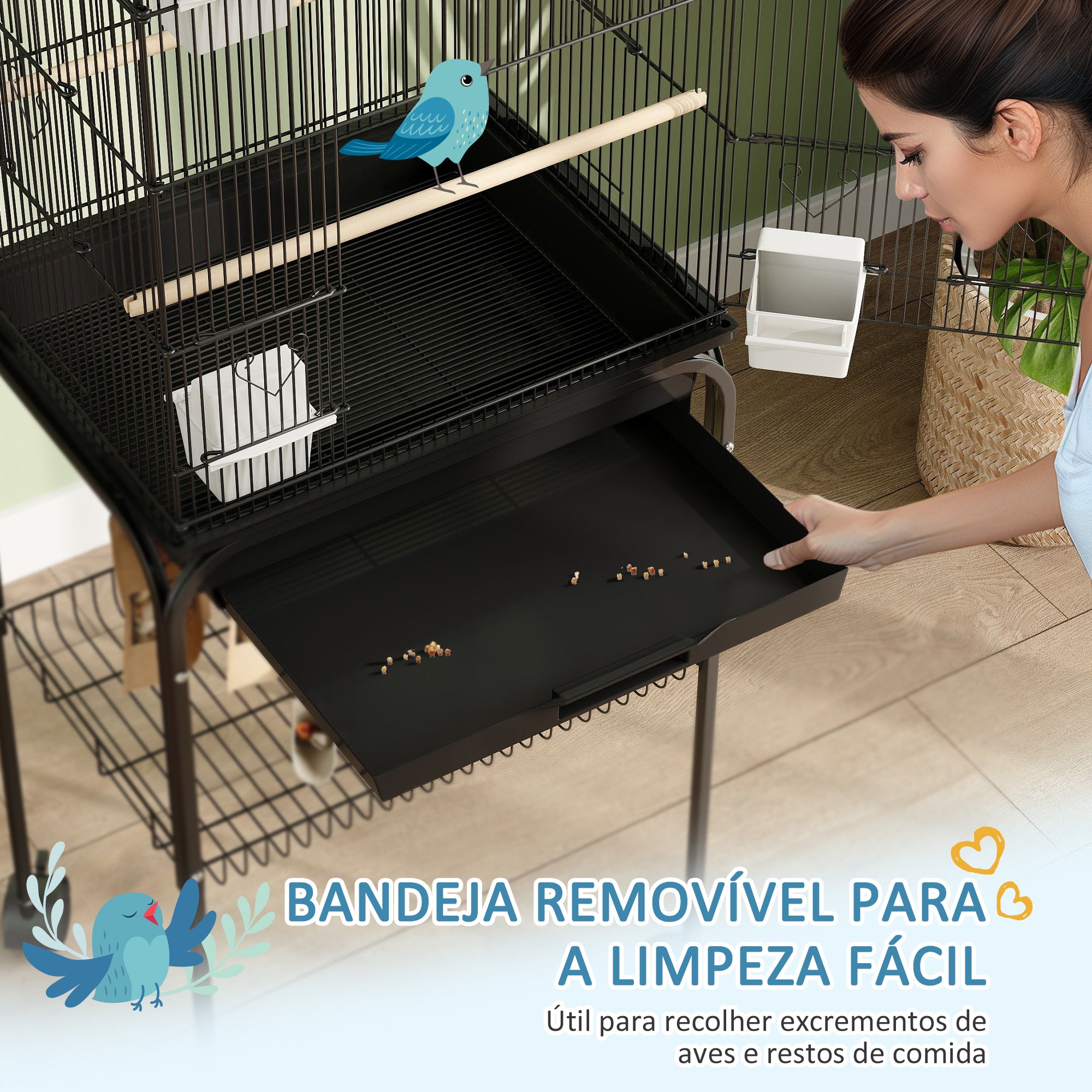 Gaiola de Metal para Pássaros com Bandeja Amovível e Rodas 50,5x41x163 cm Preto