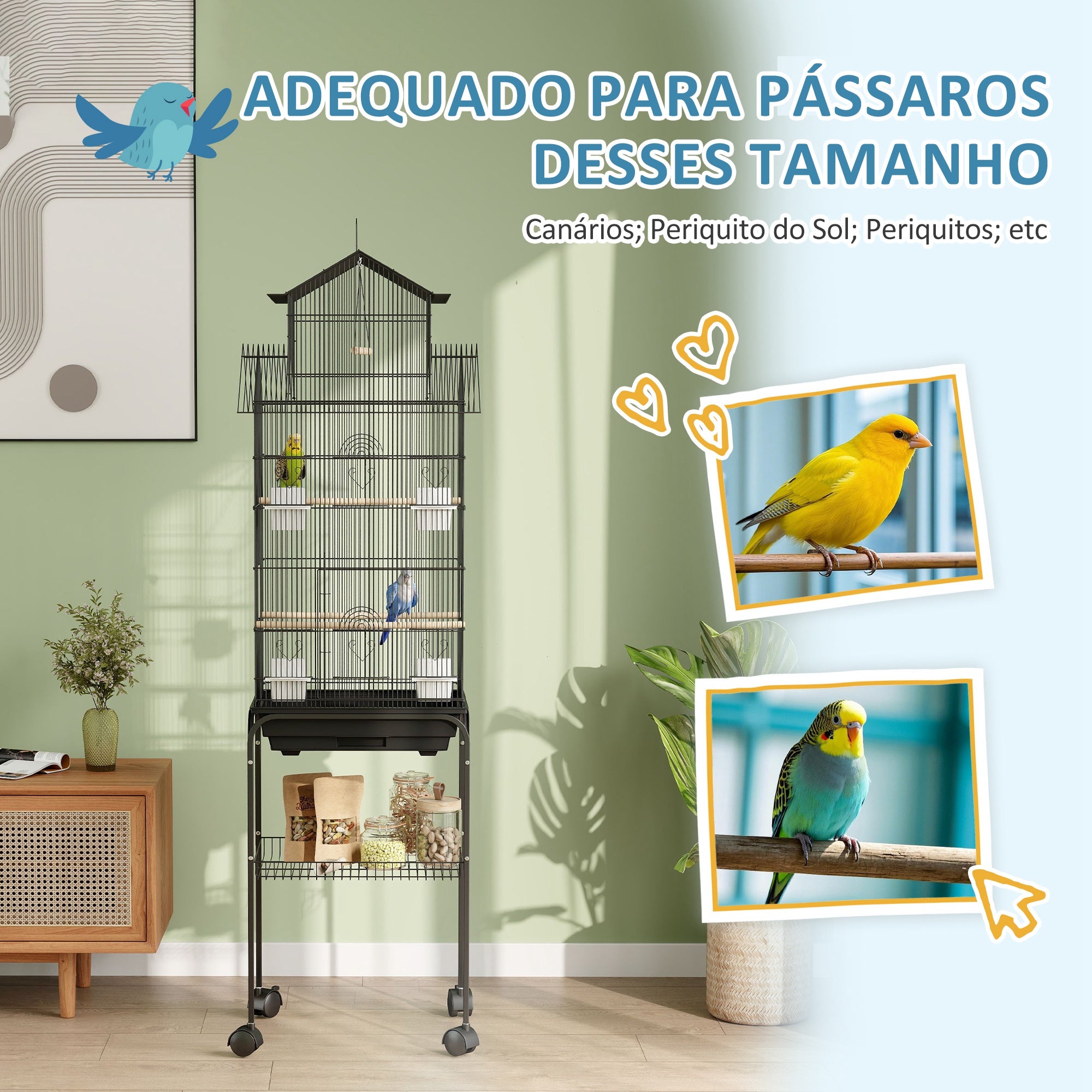 Gaiola de Metal para Pássaros com Bandeja Amovível e Rodas 50,5x41x163 cm Preto