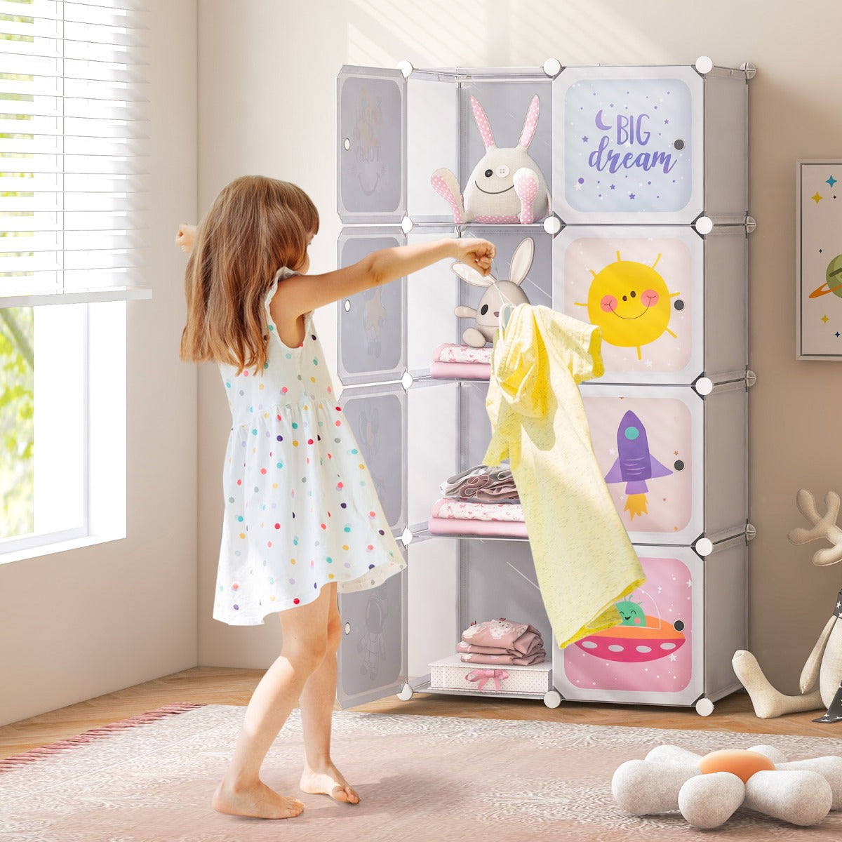 Armário Infantil Portátil de 8 Cubos para Bebés com 2 Secções de Pendurar para Quarto 71 x 35,5 x 142 cm Branco