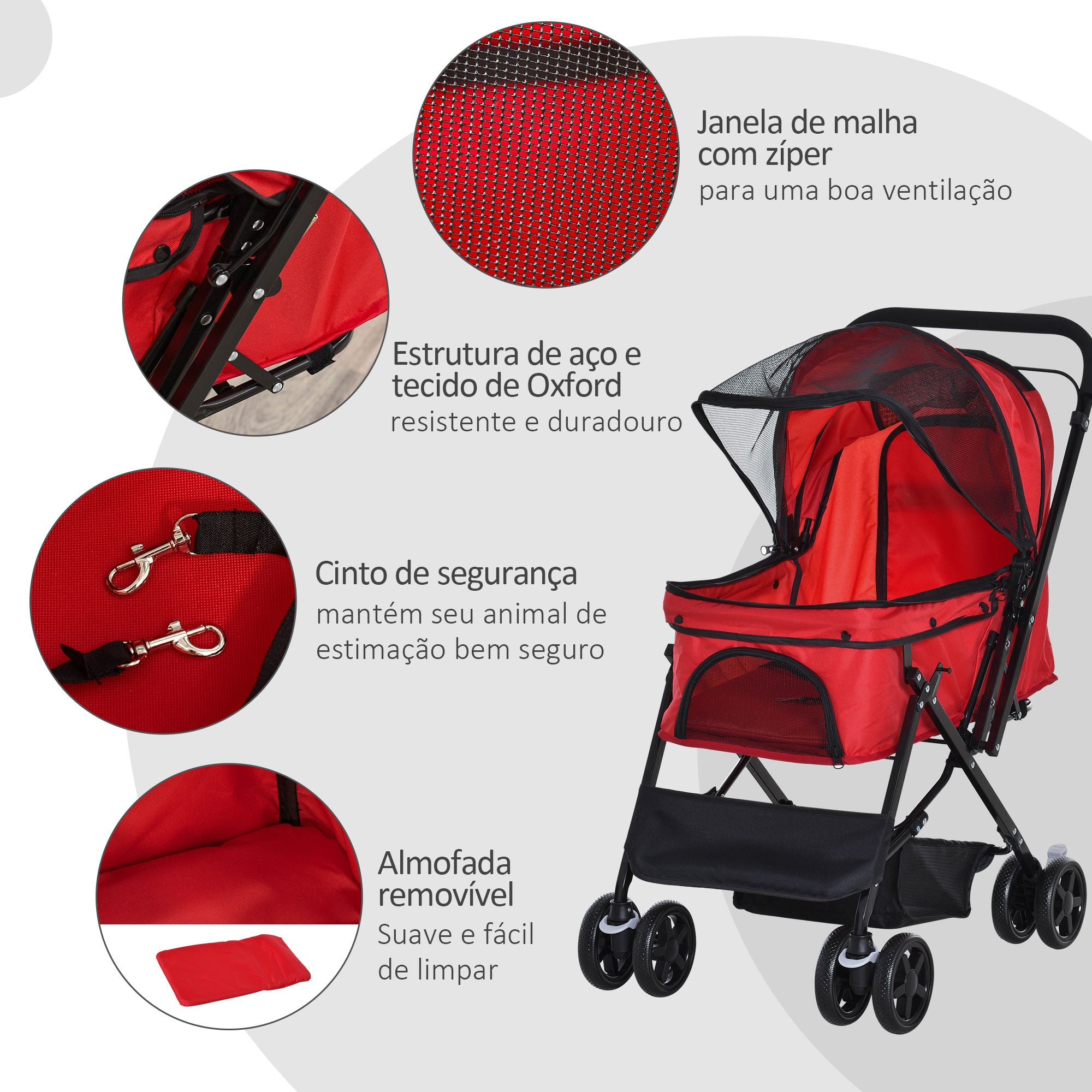Carrinho para Animais de Estimação Dobrável – 76.5x52x95cm – Vermelho – Aço e Tecido Oxford 600D