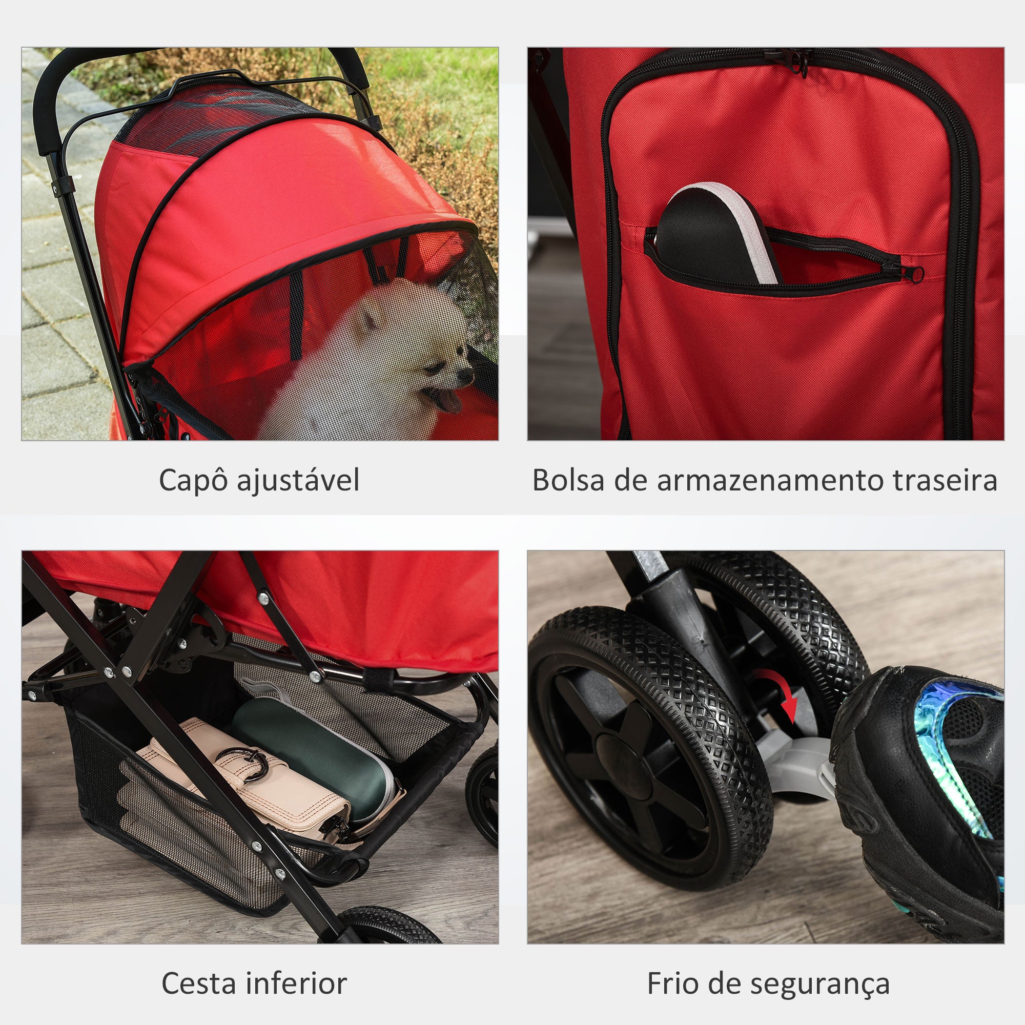 Carrinho para Animais de Estimação Dobrável – 76.5x52x95cm – Vermelho – Aço e Tecido Oxford 600D
