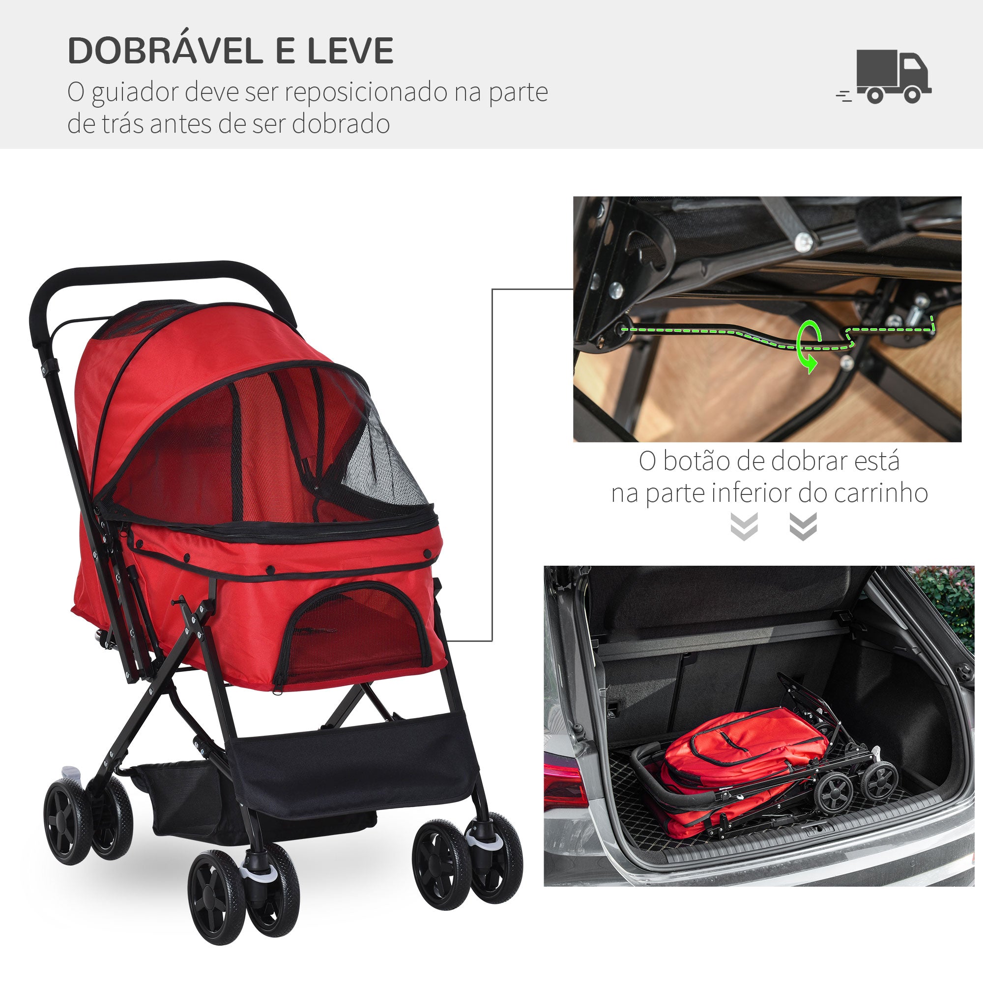 Carrinho para Animais de Estimação Dobrável – 76.5x52x95cm – Vermelho – Aço e Tecido Oxford 600D