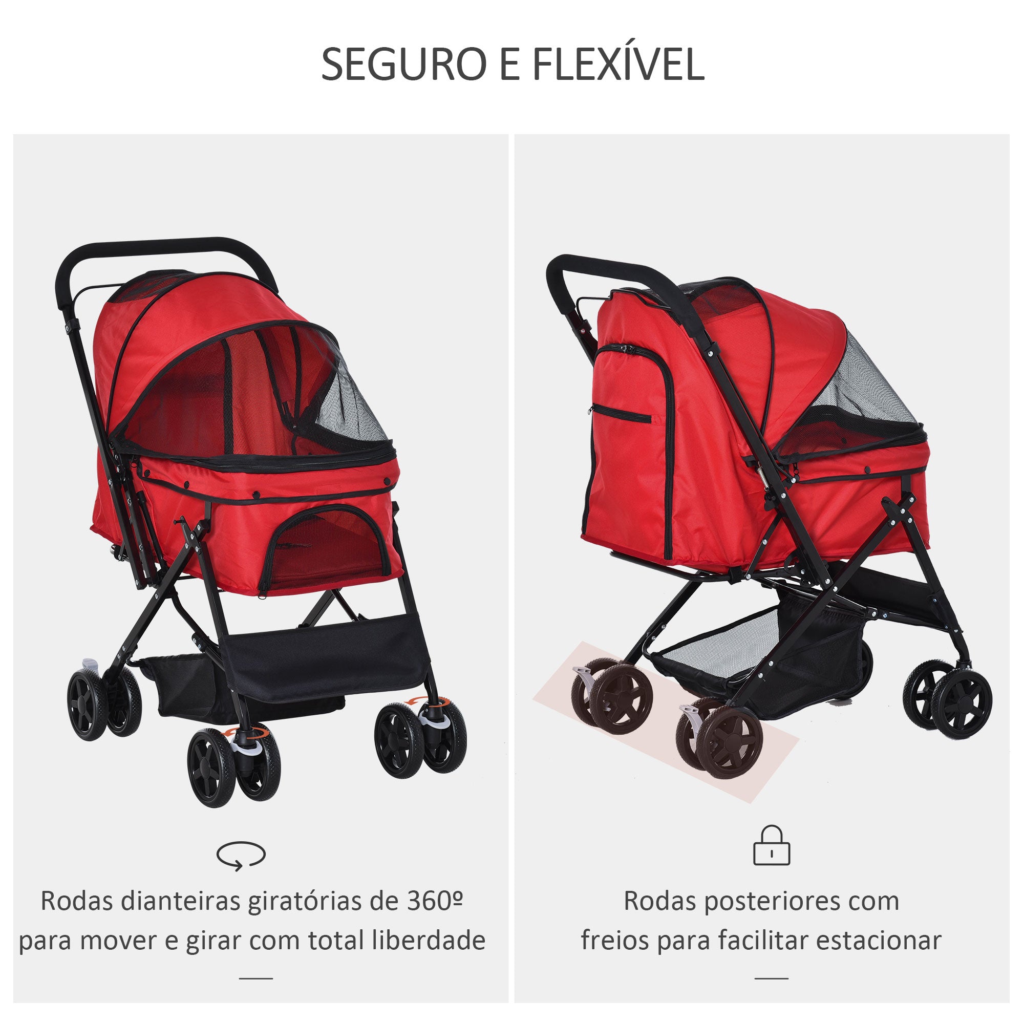 Carrinho para Animais de Estimação Dobrável – 76.5x52x95cm – Vermelho – Aço e Tecido Oxford 600D