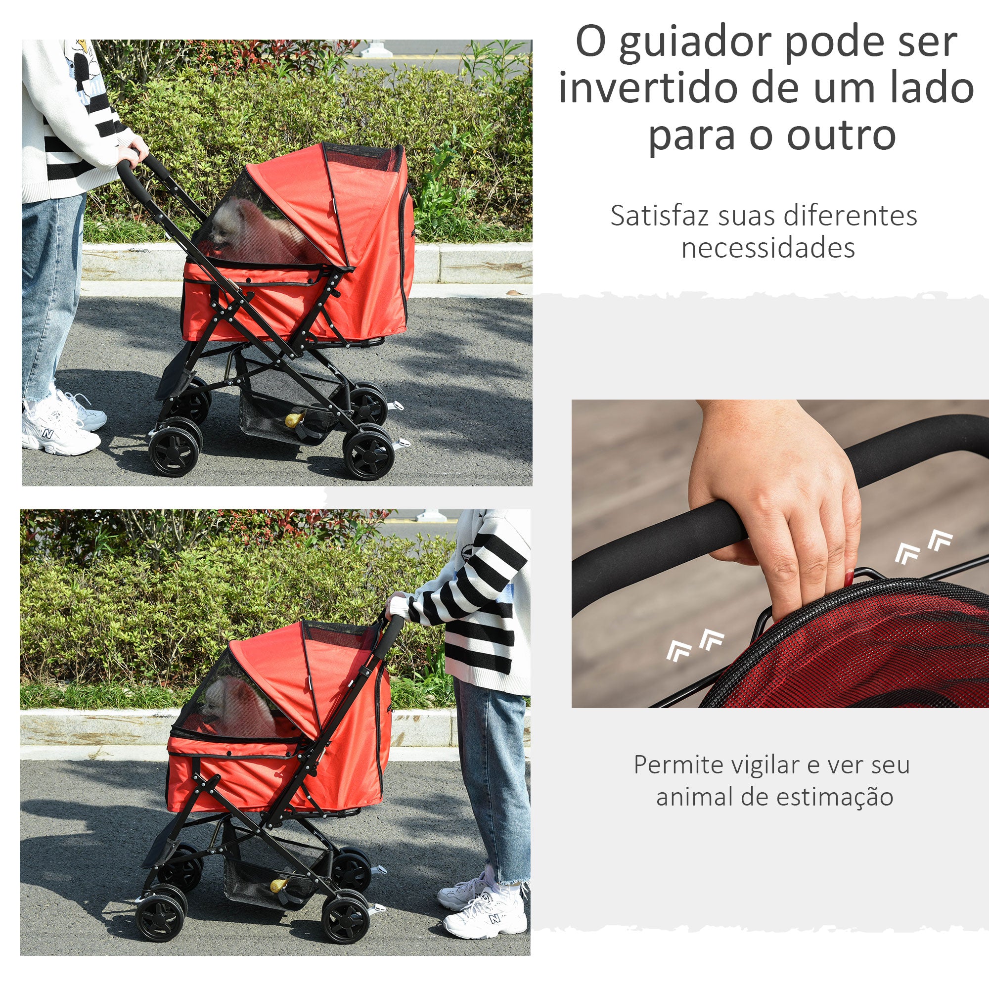 Carrinho para Animais de Estimação Dobrável – 76.5x52x95cm – Vermelho – Aço e Tecido Oxford 600D