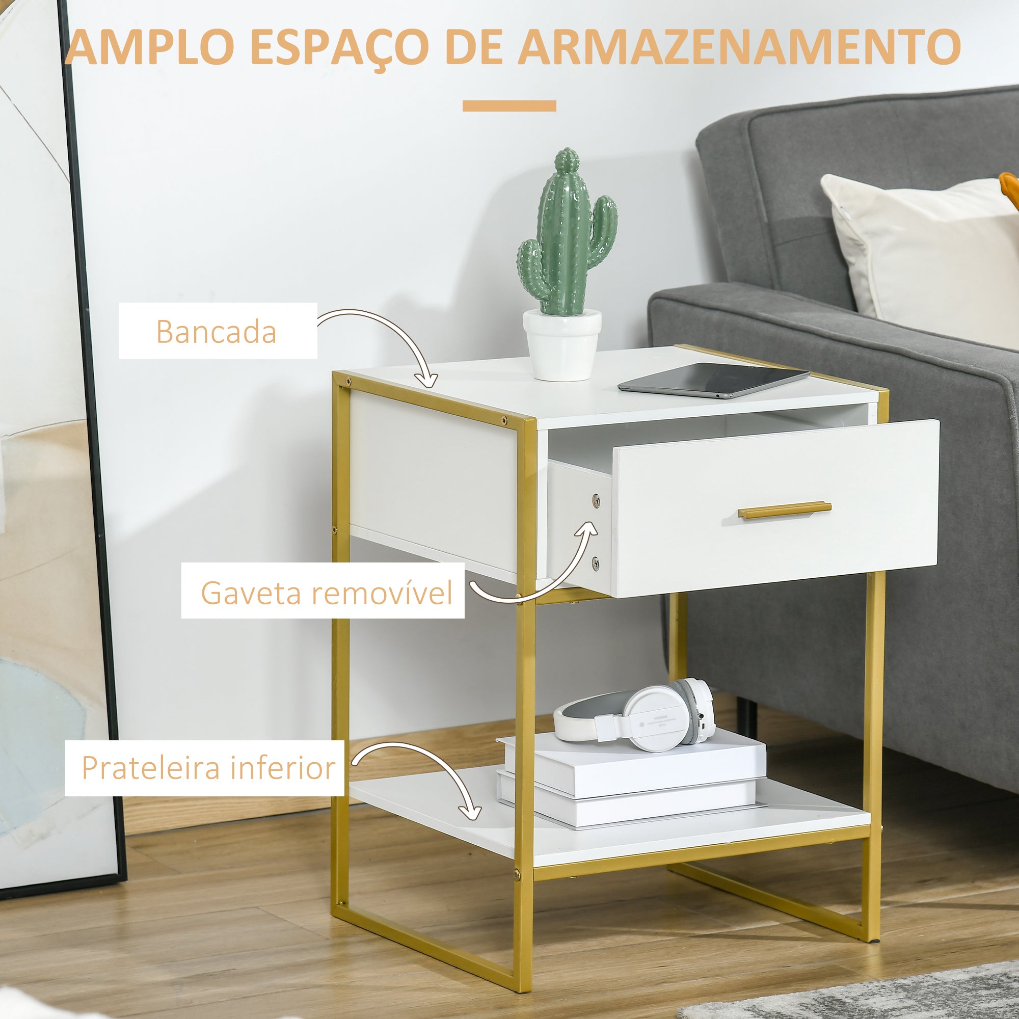 Mesa de Cabeceira Moderna com Gaveta e Prateleira de Armazenamento 45x40x60cm Branco e Dourado
