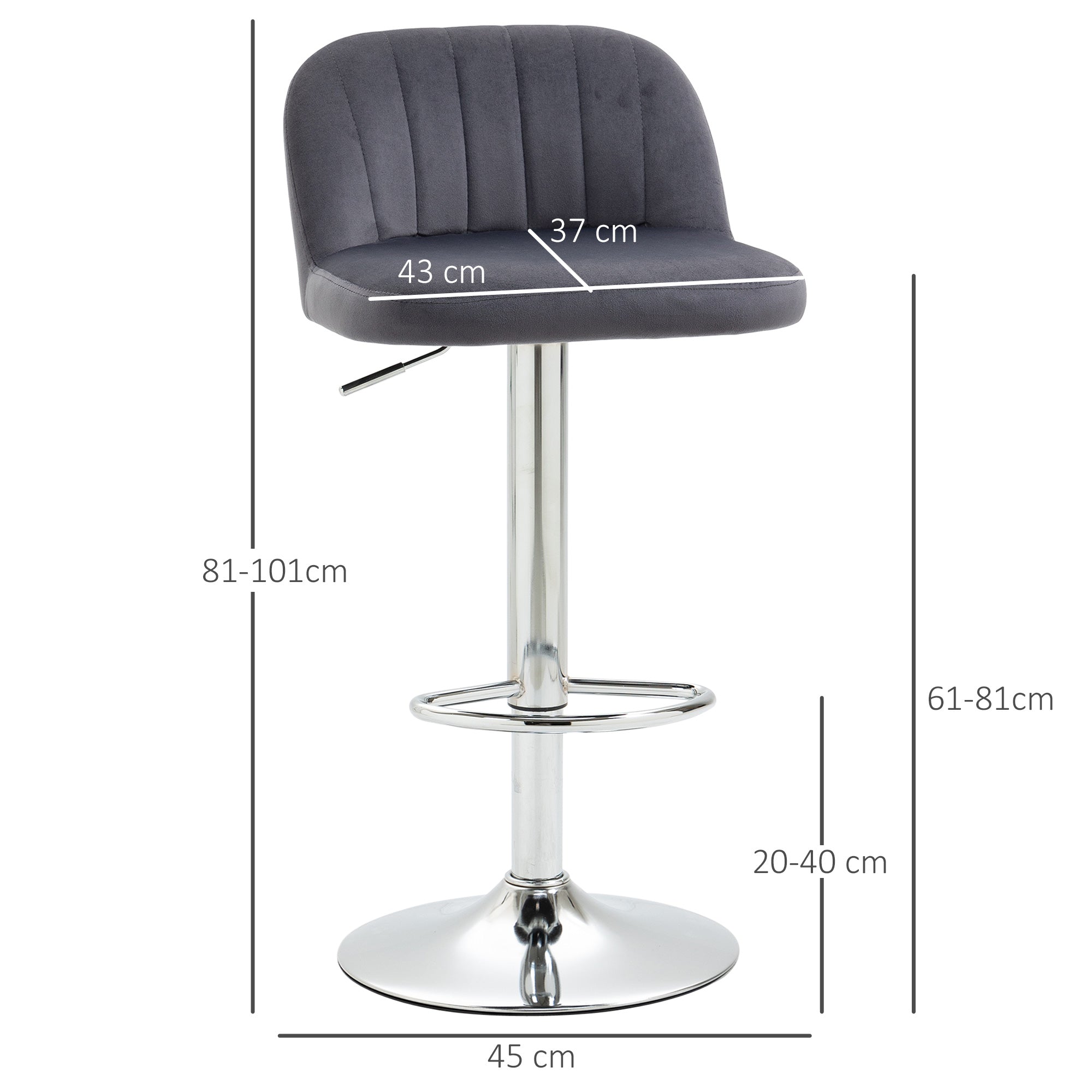 Bancos de Bar Estofados em Pelúcia – 43x45x101cm – Cinza – Poliéster e Aço