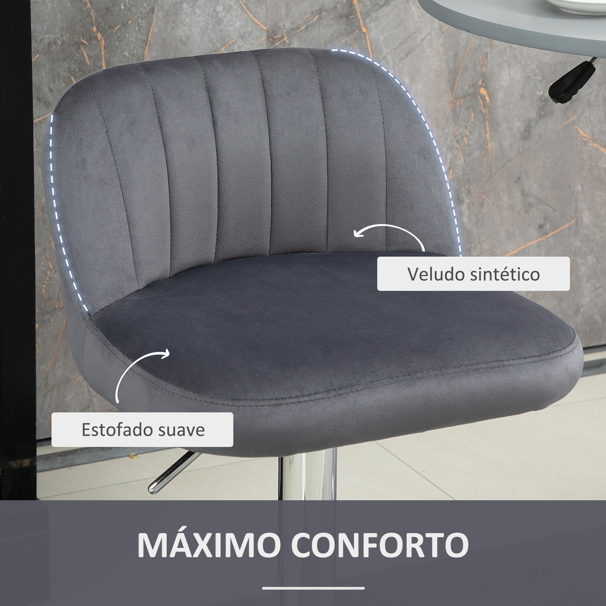 Bancos de Bar Estofados em Pelúcia – 43x45x101cm – Cinza – Poliéster e Aço