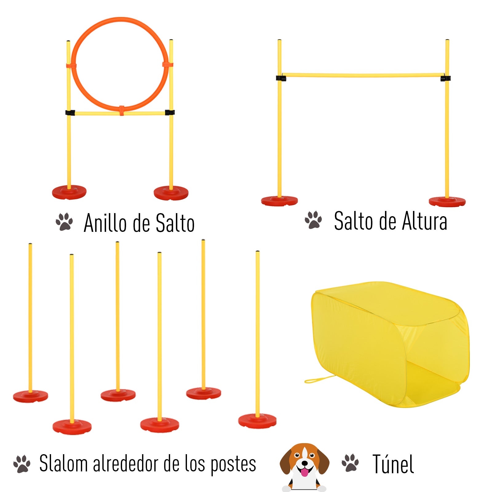 Conjunto de Obstáculos de Treinamento para Cães – 128x23x9-100 cm – Amarelo – ABS, PE, poliéster