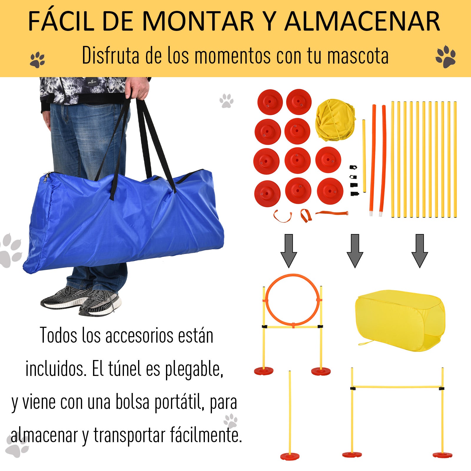 Conjunto de Obstáculos de Treinamento para Cães – 128x23x9-100 cm – Amarelo – ABS, PE, poliéster