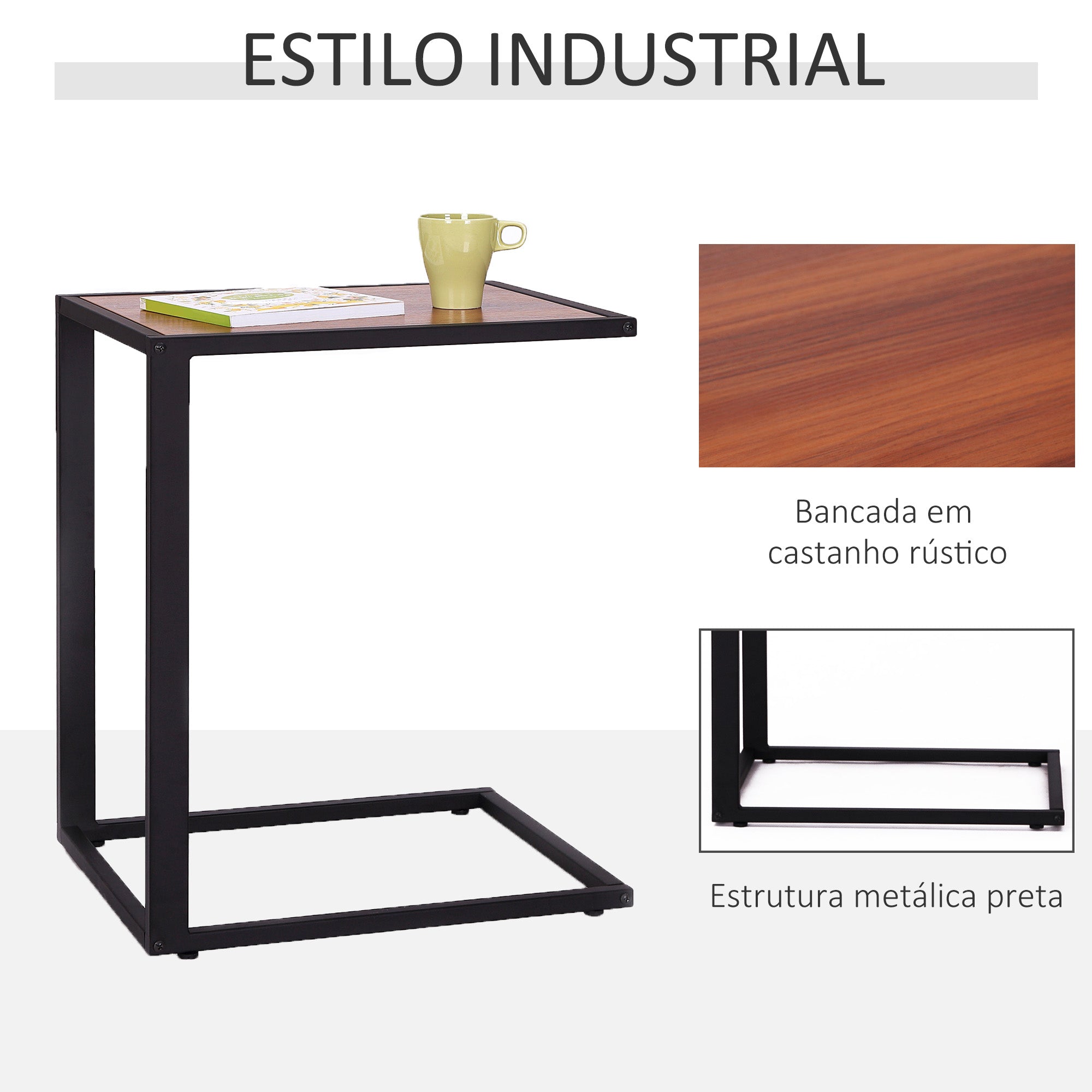 Mesa Lateral em Forma de C 40,6x50,8x64,2 cm Cor de Noz