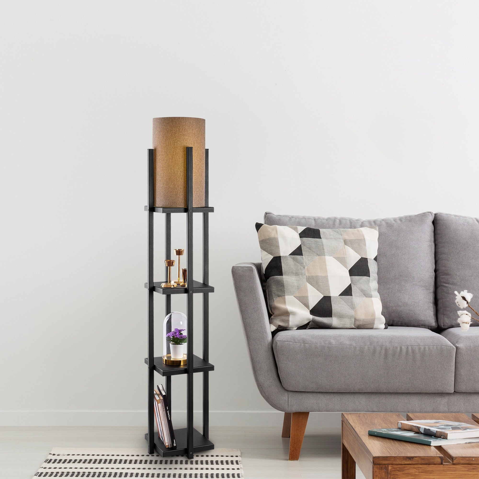 Candeeiro de Pé escandinava, corpo de metal preto, 130 cm de altura, cúpula de 20 cm, soquete E27, 40 W máx., cabo de 400 cm, iluminação elegante e funcional para espaços modernos