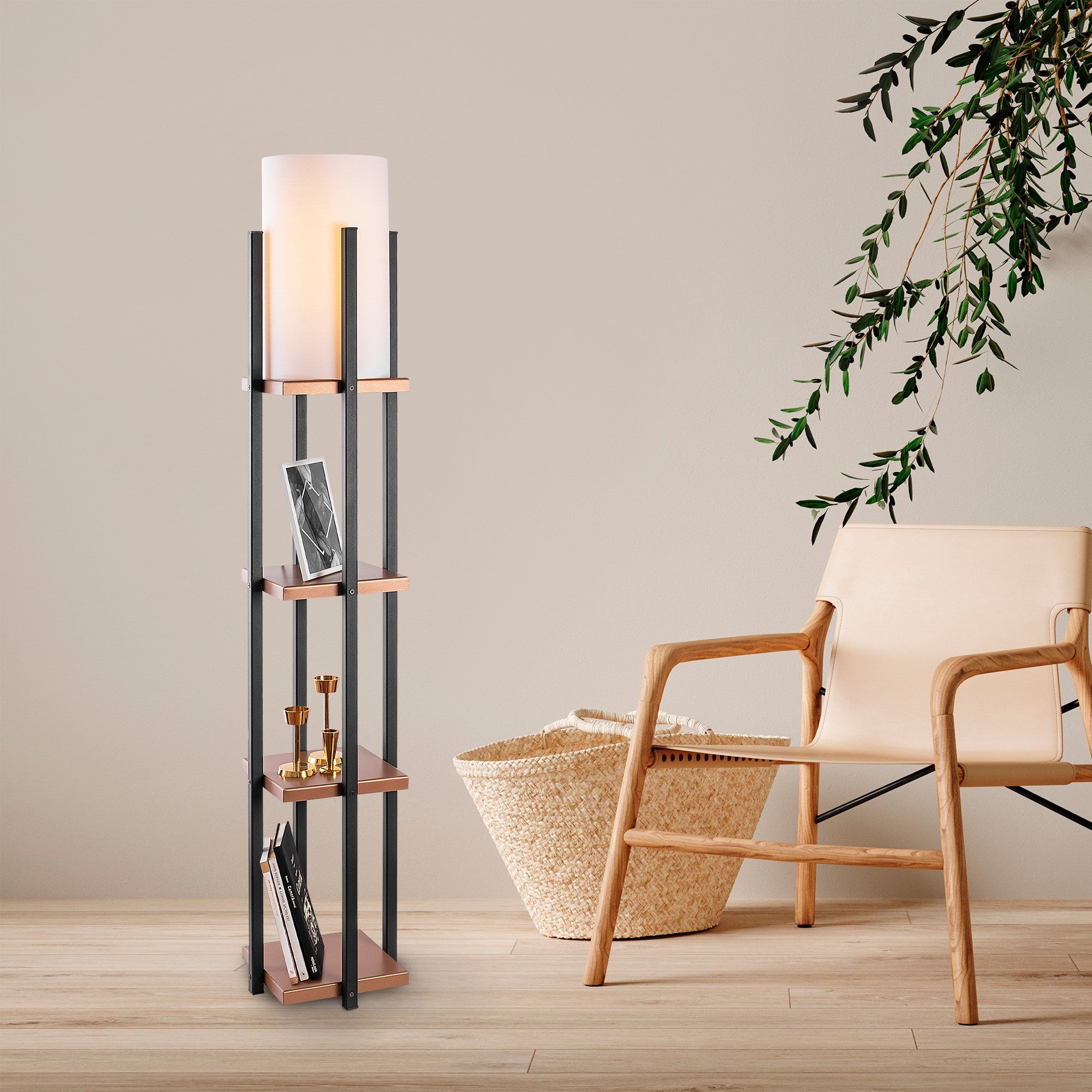Candeeiro de Pé Escandinava, Preta e Cobre, 25 x 25 x 130 cm | Corpo de Metal, 1 Soquete E27, 40 W Máx., IP20, Cabo de 400 cm, Design Elegante e Funcional