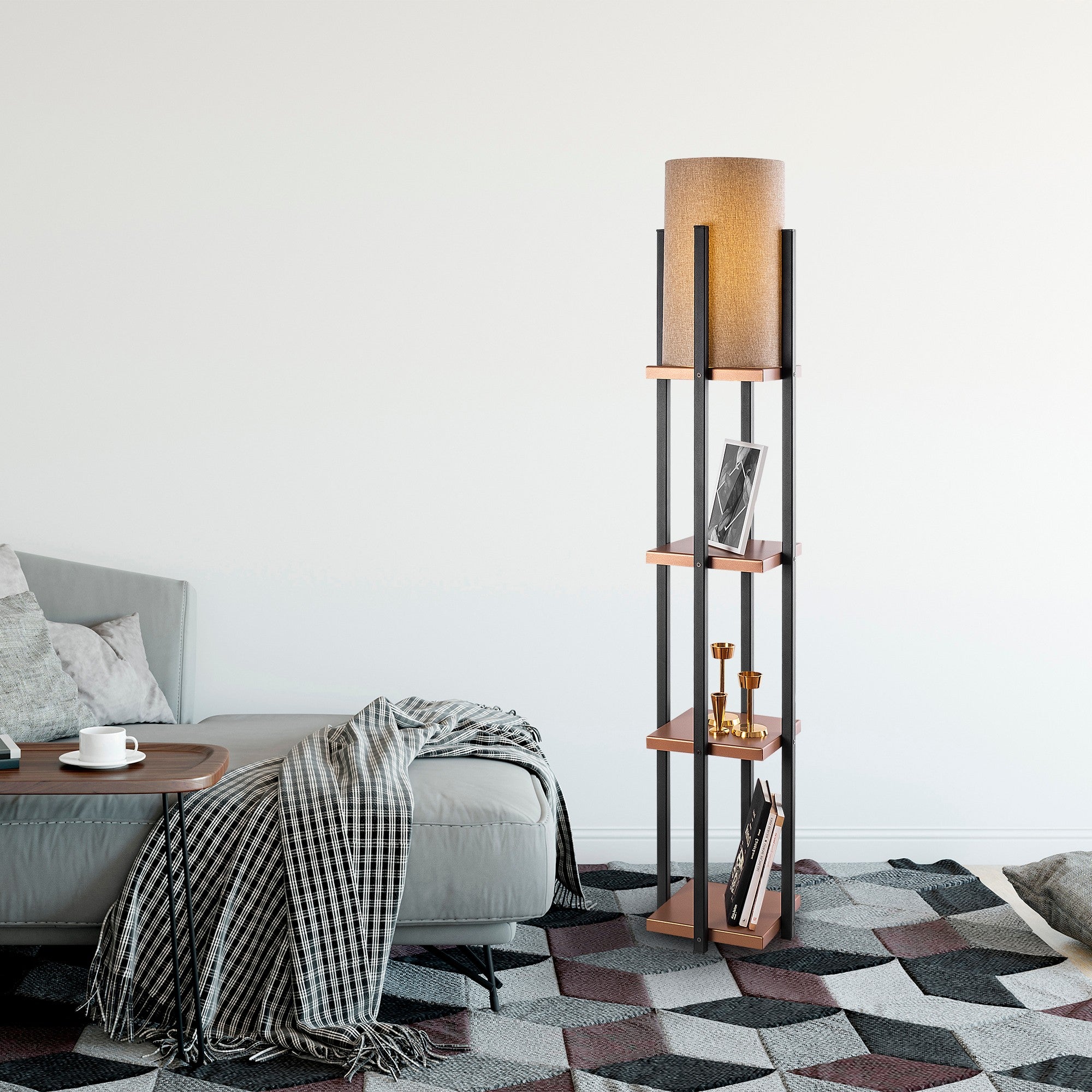 Candeeiro de Pé Escandinava, Preta e Cobre, 25 x 25 x 130 cm | Corpo de Metal, 1 Soquete E27, 40 W Máx., IP20, Cabo de 400 cm, Design Elegante e Funcional