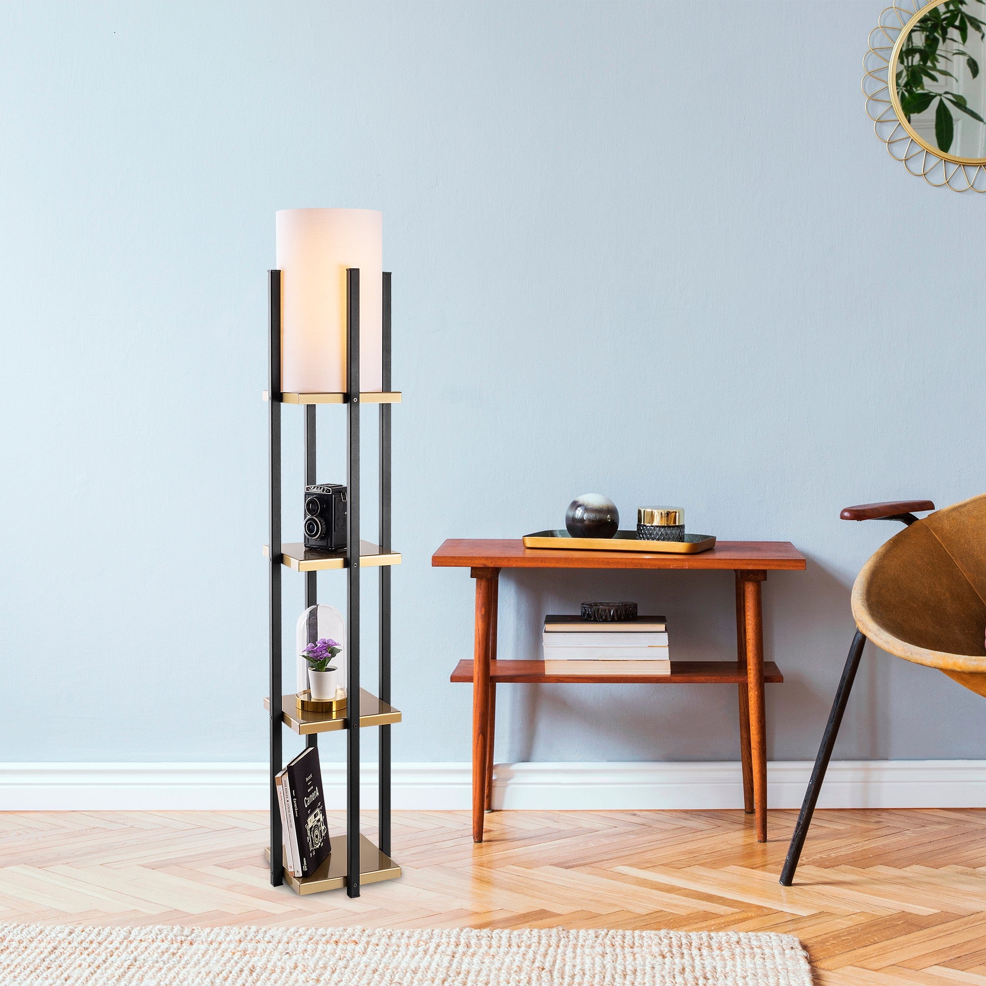 Candeeiro de Pé escandinava, preta e dourada, 130 cm de altura | Corpo de metal, cúpula de 20 cm, soquete E27, 40 W máx., isolamento duplo, cabo de 400 cm | Iluminação elegante e funcional