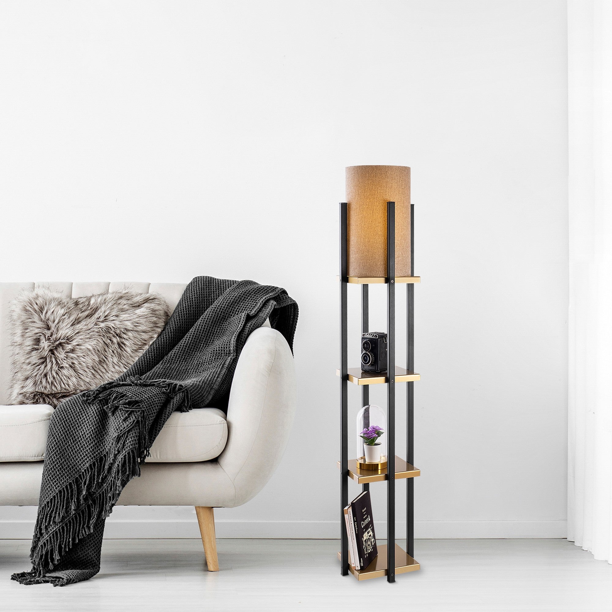 Candeeiro de Pé escandinava, preta e dourada, 130 cm de altura | Corpo de metal, cúpula de 20 cm, soquete E27, 40 W máx., isolamento duplo, cabo de 400 cm | Iluminação elegante e funcional