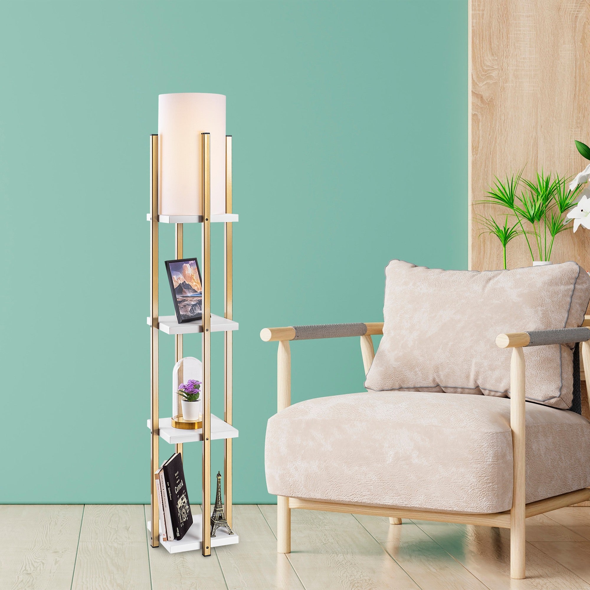 Candeeiro de Pé Escandinava, Branca e Dourada, 130 cm de Altura | Corpo em Metal, Abajur de 20 cm, 1 Soquete E27, 40 W Máx., IP20, Cabo de 400 cm | Iluminação Elegante e Funcional