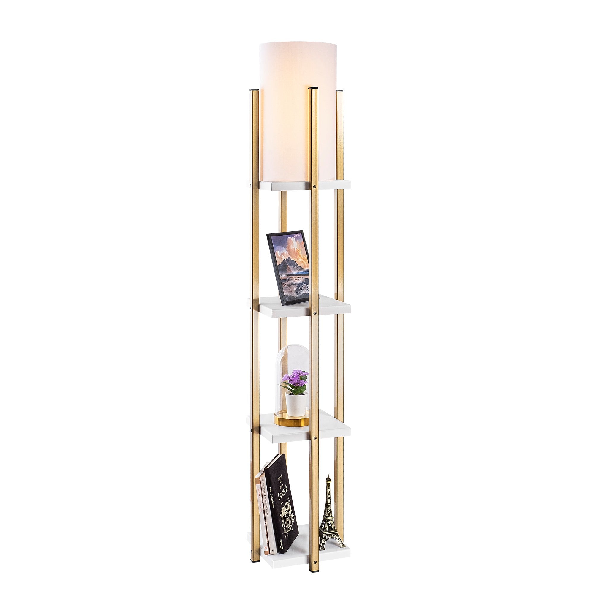 Candeeiro de Pé Escandinava, Branca e Dourada, 130 cm de Altura | Corpo em Metal, Abajur de 20 cm, 1 Soquete E27, 40 W Máx., IP20, Cabo de 400 cm | Iluminação Elegante e Funcional