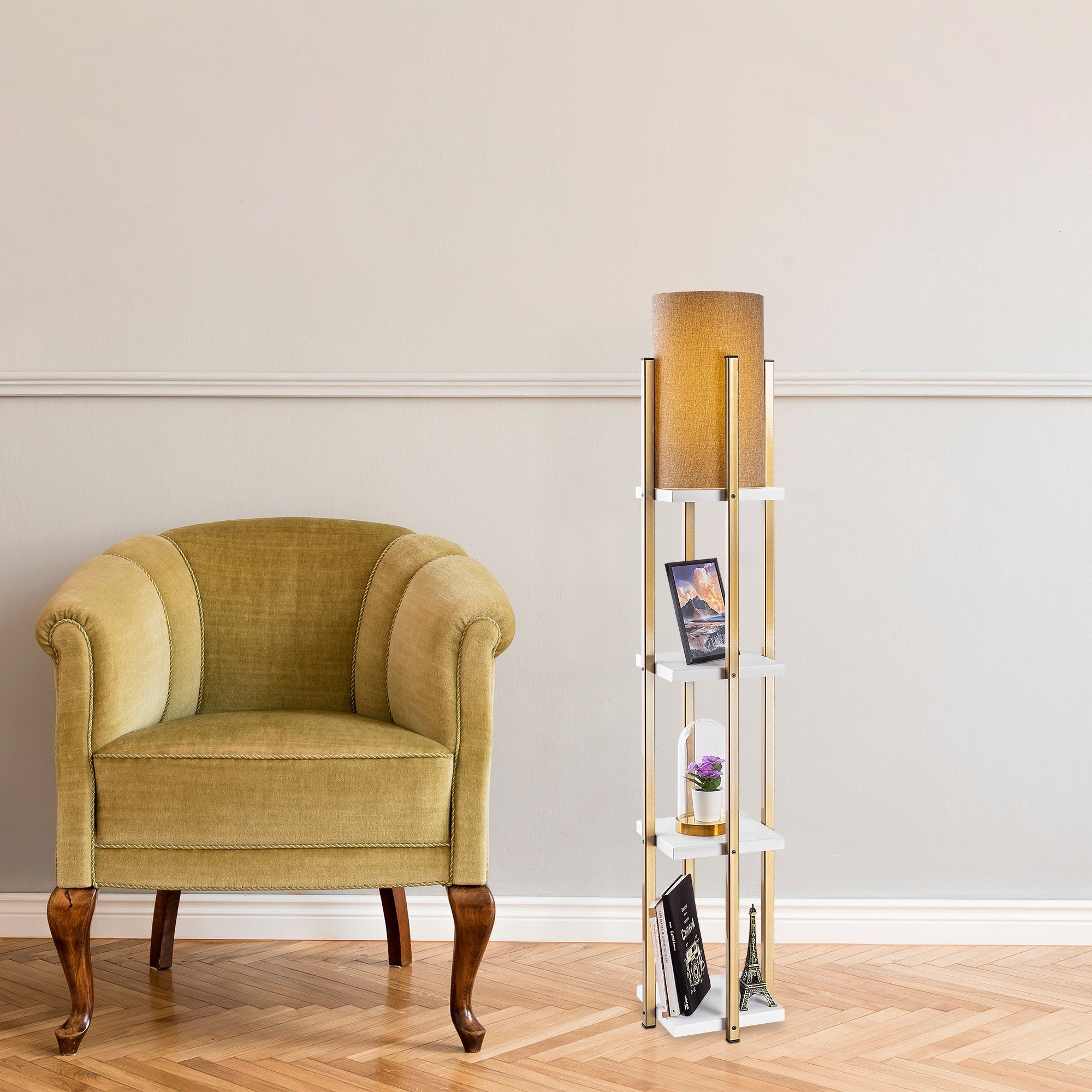 Candeeiro de Pé Escandinava, Branca e Dourada, 130 cm de Altura | Corpo em Metal, Abajur de 20 cm, 1 Soquete E27, 40 W Máx., IP20, Cabo de 400 cm | Iluminação Elegante e Funcional