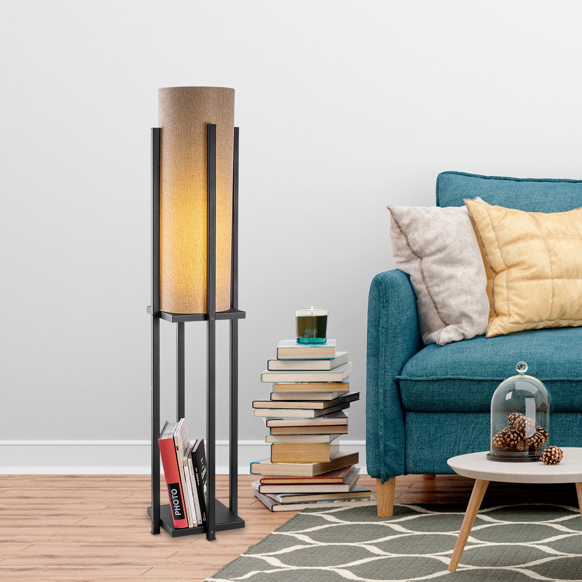 Candeeiro de Pé escandinava, corpo de metal preto, 130 cm de altura, cúpula de 20 cm, soquete E27, 40 W máx., cabo de 400 cm, iluminação elegante e funcional para espaços modernos