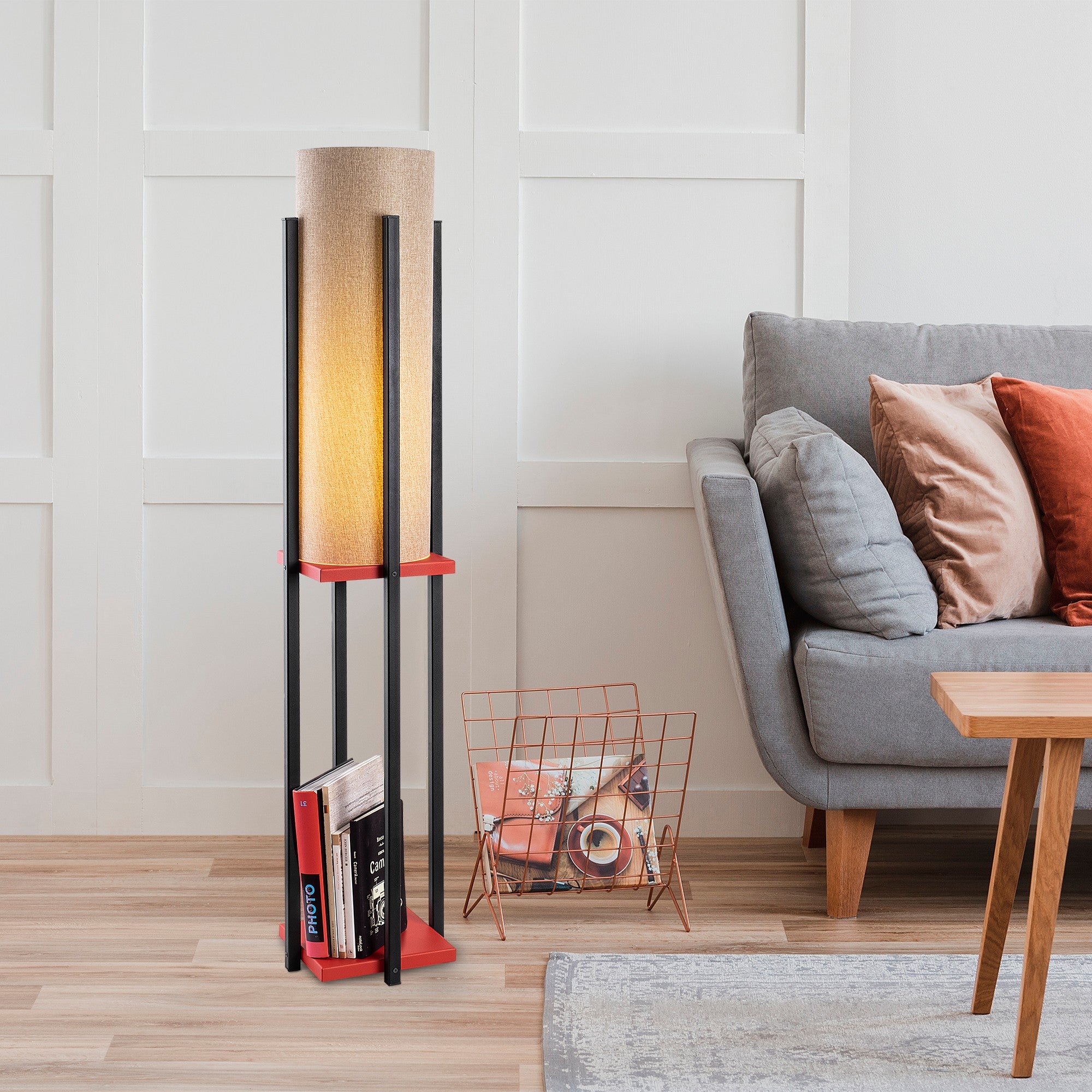 Candeeiro de Pé moderna com corpo de metal, 130 cm de altura, preta e vermelha, 1 soquete E27, 40 W máx., cabo de 400 cm, iluminação elegante e funcional para decoração de casa