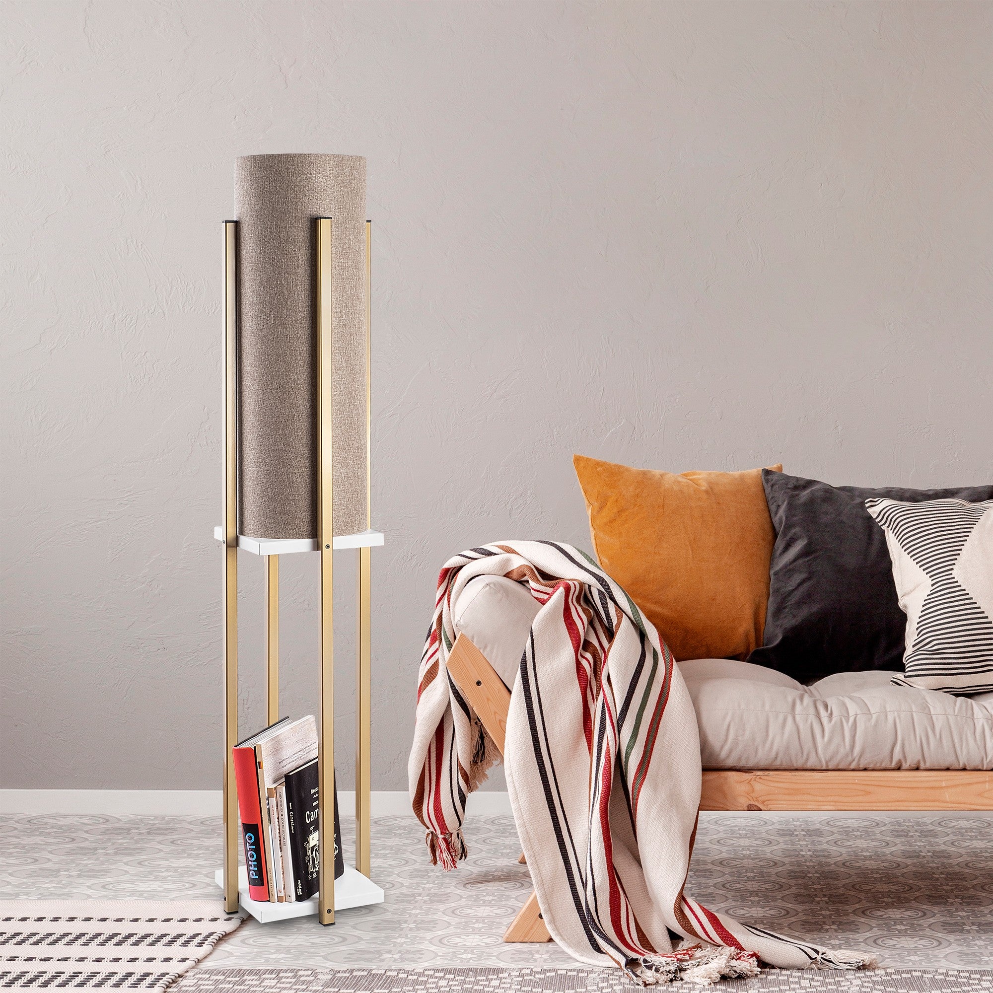Candeeiro de Pé Escandinava, Branca e Dourada, 130 cm de Altura | Corpo em Metal, Abajur de 20 cm, 1 Soquete E27, 40 W Máx., IP20, Cabo de 400 cm | Iluminação Elegante para Espaços Modernos