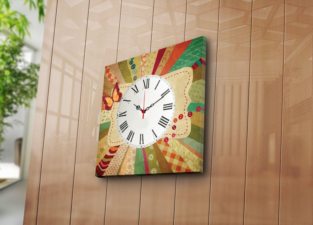 Relógio de Parede Decorativo em Tela Suede 45x45 cm – Multicolor com Moldura de Madeira (3 cm)