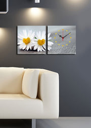 Relógio de Parede em Tela Decorativa (2 Peças) – Multicolor, Suede 100%, 28x28 cm cada, Moldura de Madeira 3 cm