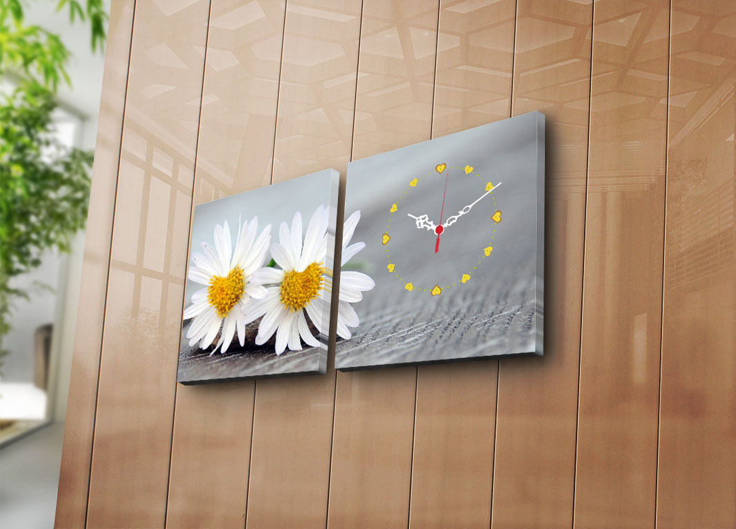 Relógio de Parede em Tela Decorativa (2 Peças) – Multicolor, Suede 100%, 28x28 cm cada, Moldura de Madeira 3 cm