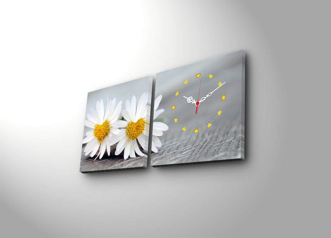 Relógio de Parede em Tela Decorativa (2 Peças) – Multicolor, Suede 100%, 28x28 cm cada, Moldura de Madeira 3 cm