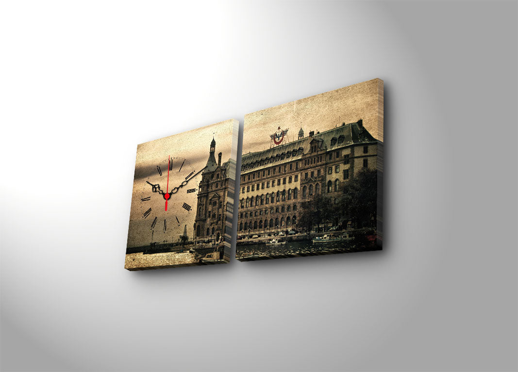 Relógio de Parede em Tela Decorativa (2 Peças) Multicolor — Canvas 100% Camurça, Moldura de Madeira, 28x28 cm cada (60x28 cm total)