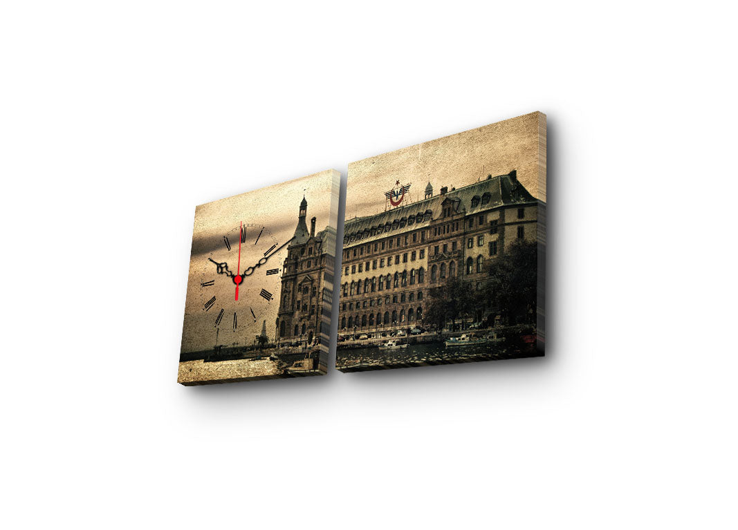 Relógio de Parede em Tela Decorativa (2 Peças) Multicolor — Canvas 100% Camurça, Moldura de Madeira, 28x28 cm cada (60x28 cm total)