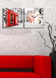 Relógio de Parede em Tela Suede Multicolor – 2 Peças (28x28 cm cada, total 60x28) com Moldura de Madeira