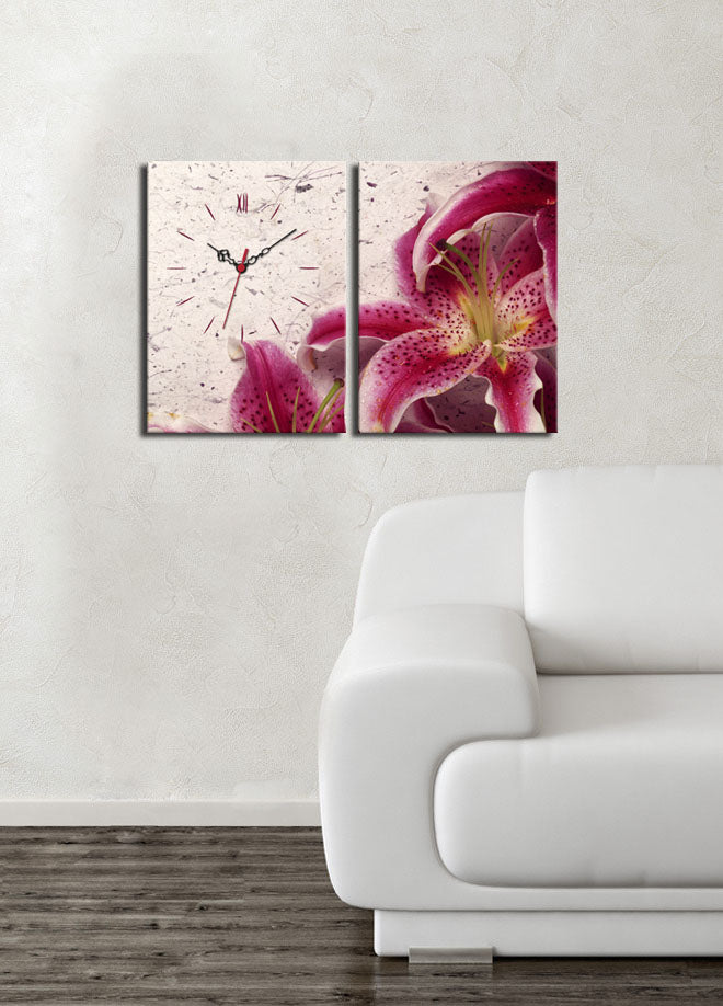 Relógio de Parede Decorativo em Tela Suede (2 Peças) Multicolor — 30x40 cm cada, Tamanho Total 64x40 cm, Moldura de Madeira 3 cm