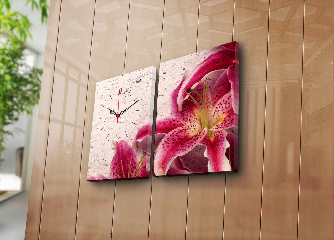 Relógio de Parede Decorativo em Tela Suede (2 Peças) Multicolor — 30x40 cm cada, Tamanho Total 64x40 cm, Moldura de Madeira 3 cm