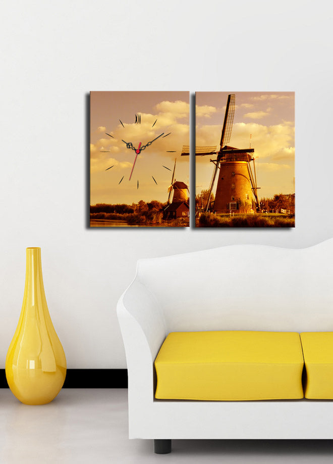 Relógio de Parede em Tela Decorativa Multicolor – Conjunto 2 Peças (30x40 cm cada; 64x40 cm total) em Suede 100% com Moldura de Madeira 3 cm