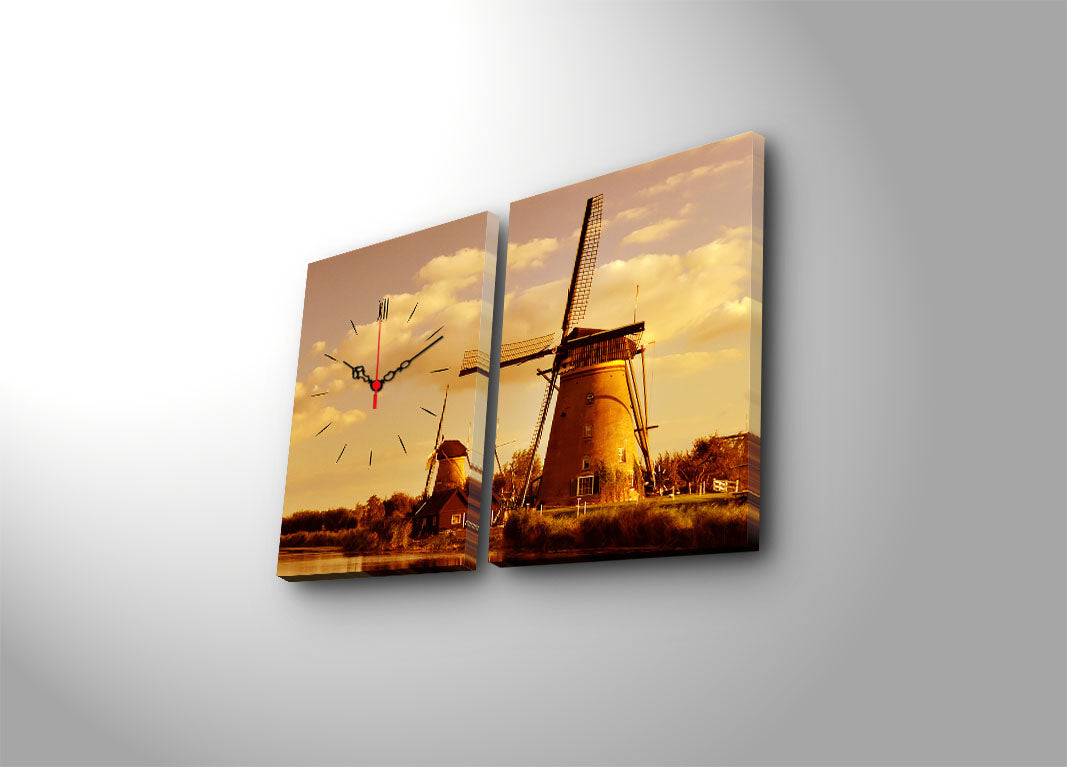 Relógio de Parede em Tela Decorativa Multicolor – Conjunto 2 Peças (30x40 cm cada; 64x40 cm total) em Suede 100% com Moldura de Madeira 3 cm