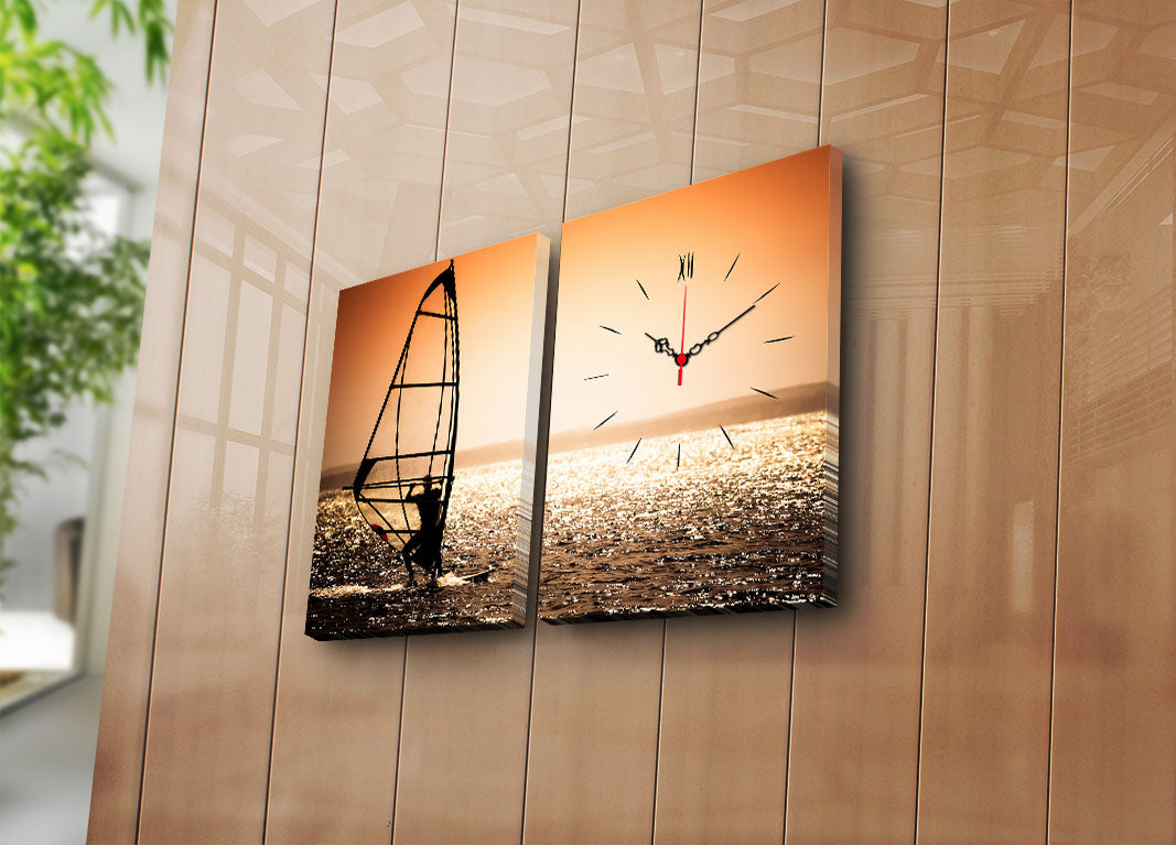 Relógio de Parede em Tela Decorativa Multicolor (2 Peças) 30x40 cm cada, Total 64x40 cm, Tela Suede 100%, Moldura de Madeira 3 cm – 2P3040CS-96